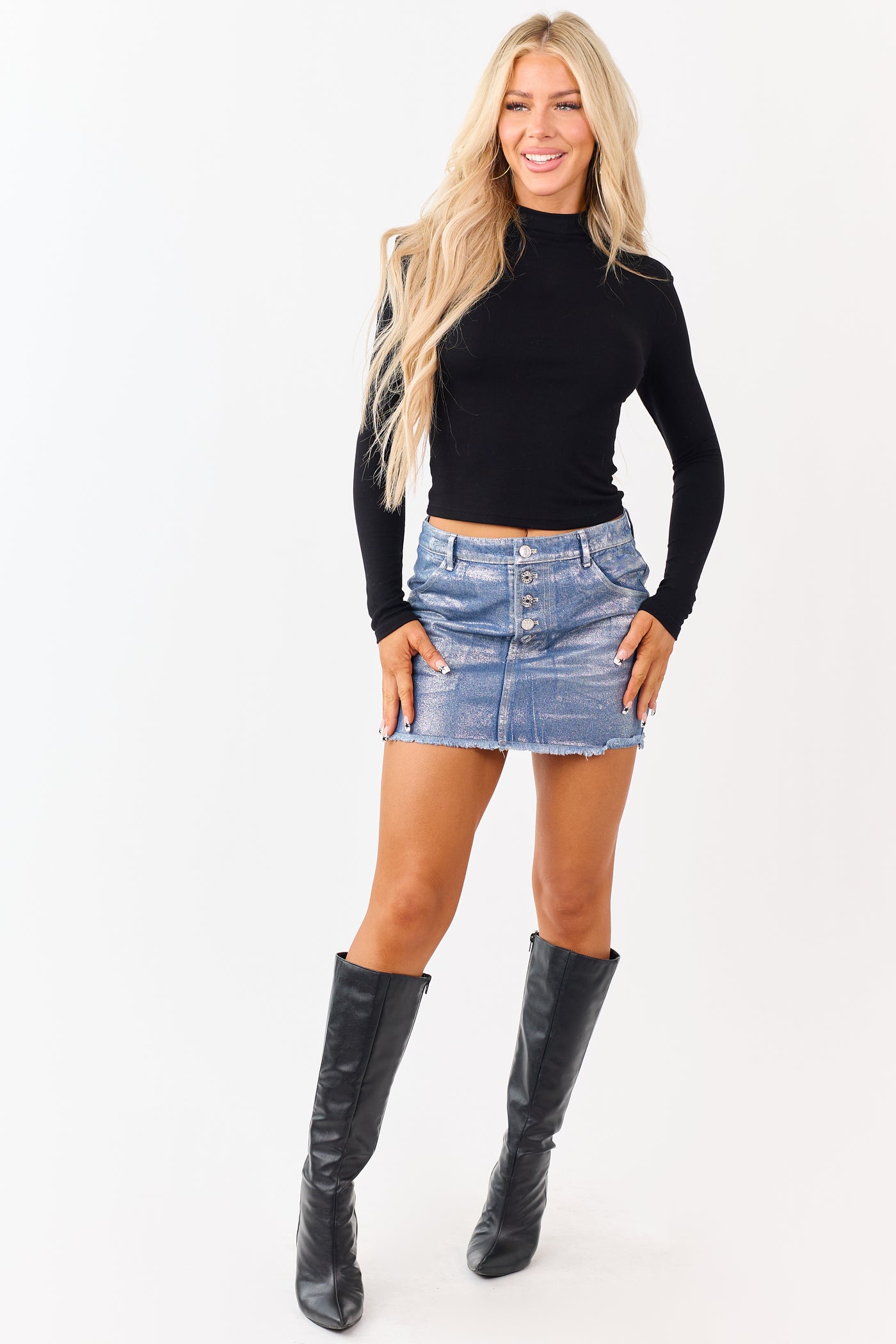 Medium Wash Metallic Denim Button Fly Mini Skirt