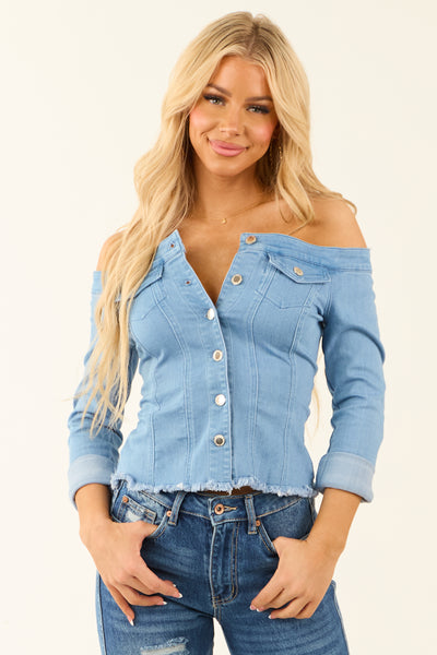 トップス M me eme Ruffle off shoulder denim tops M me eme／Ruffle off shoulder denim tops (eme10433) | All
