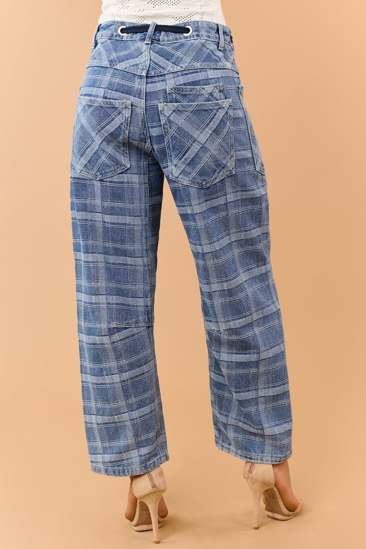 Medium Wash Plaid Drawstring Barrel Crop Jeans