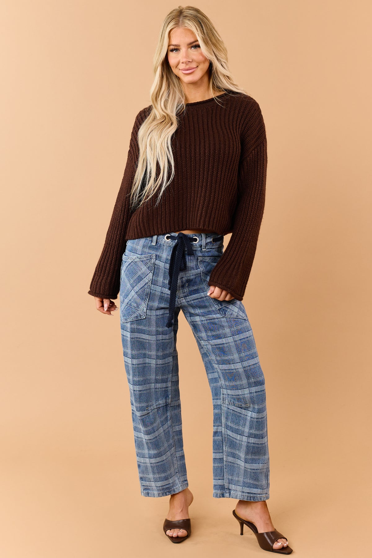 Medium Wash Plaid Drawstring Barrel Crop Jeans