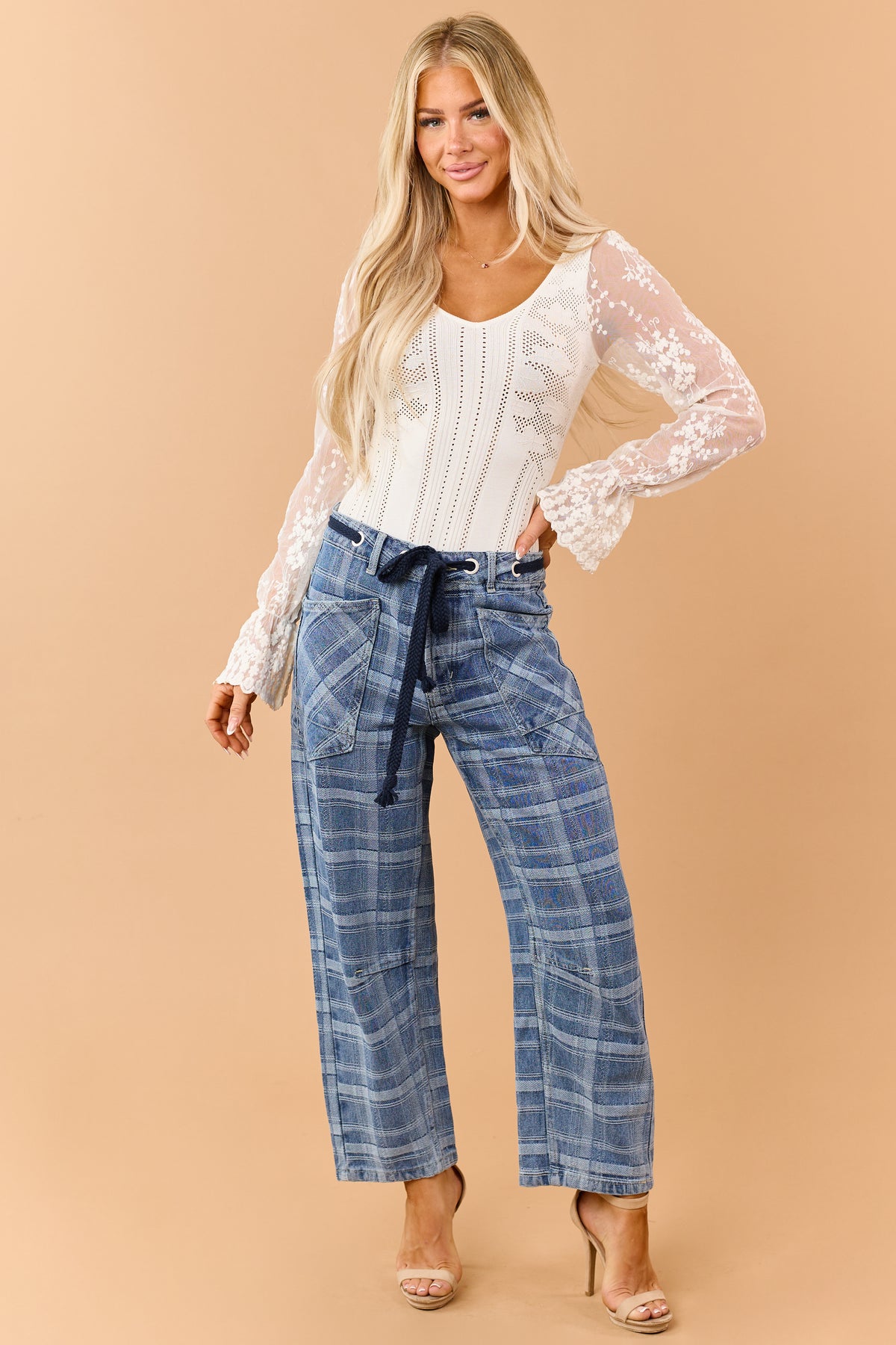 Medium Wash Plaid Drawstring Barrel Crop Jeans