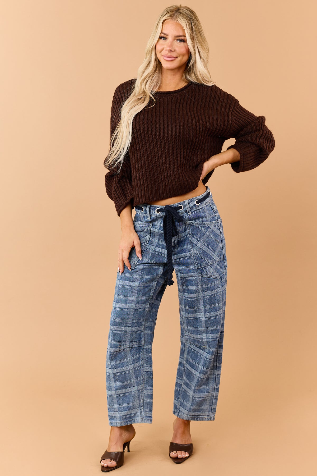 Medium Wash Plaid Drawstring Barrel Crop Jeans