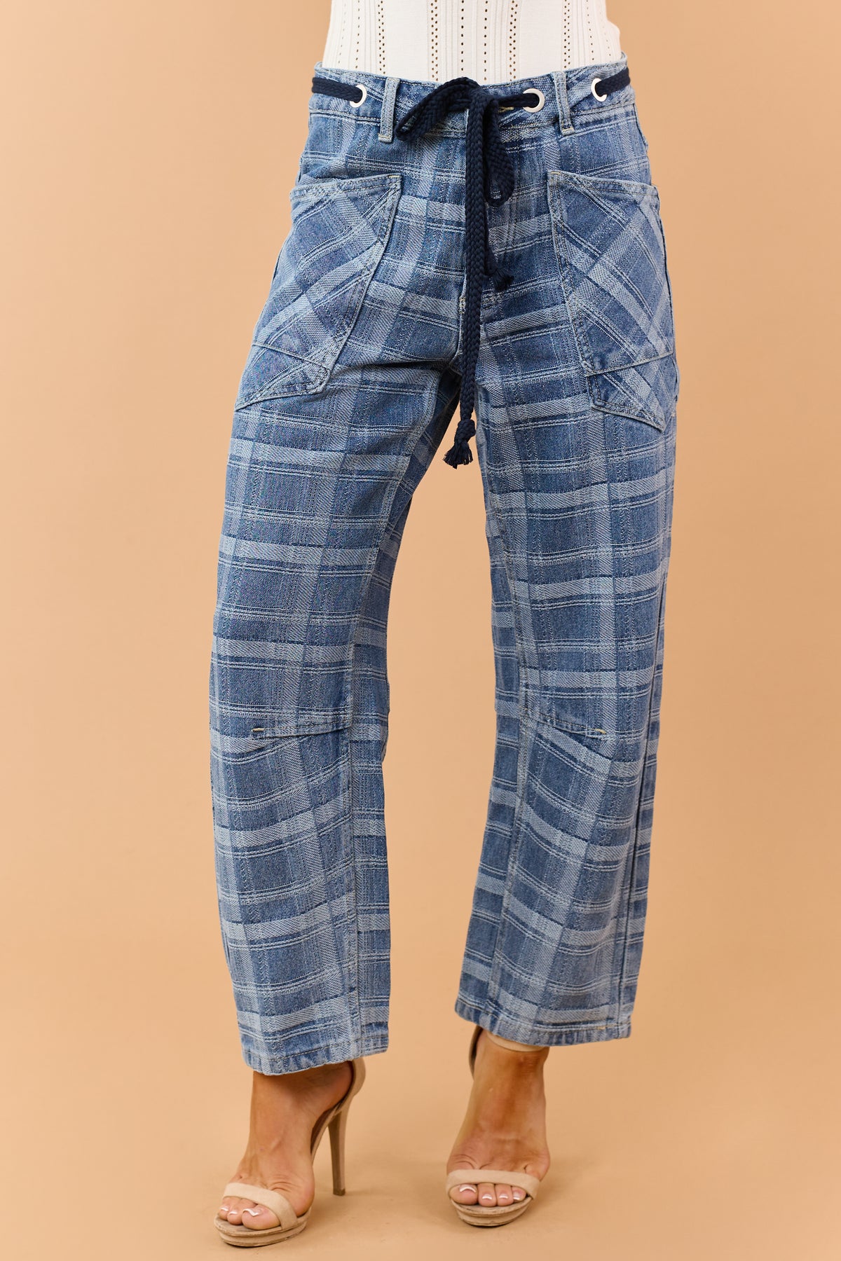 Medium Wash Plaid Drawstring Barrel Crop Jeans