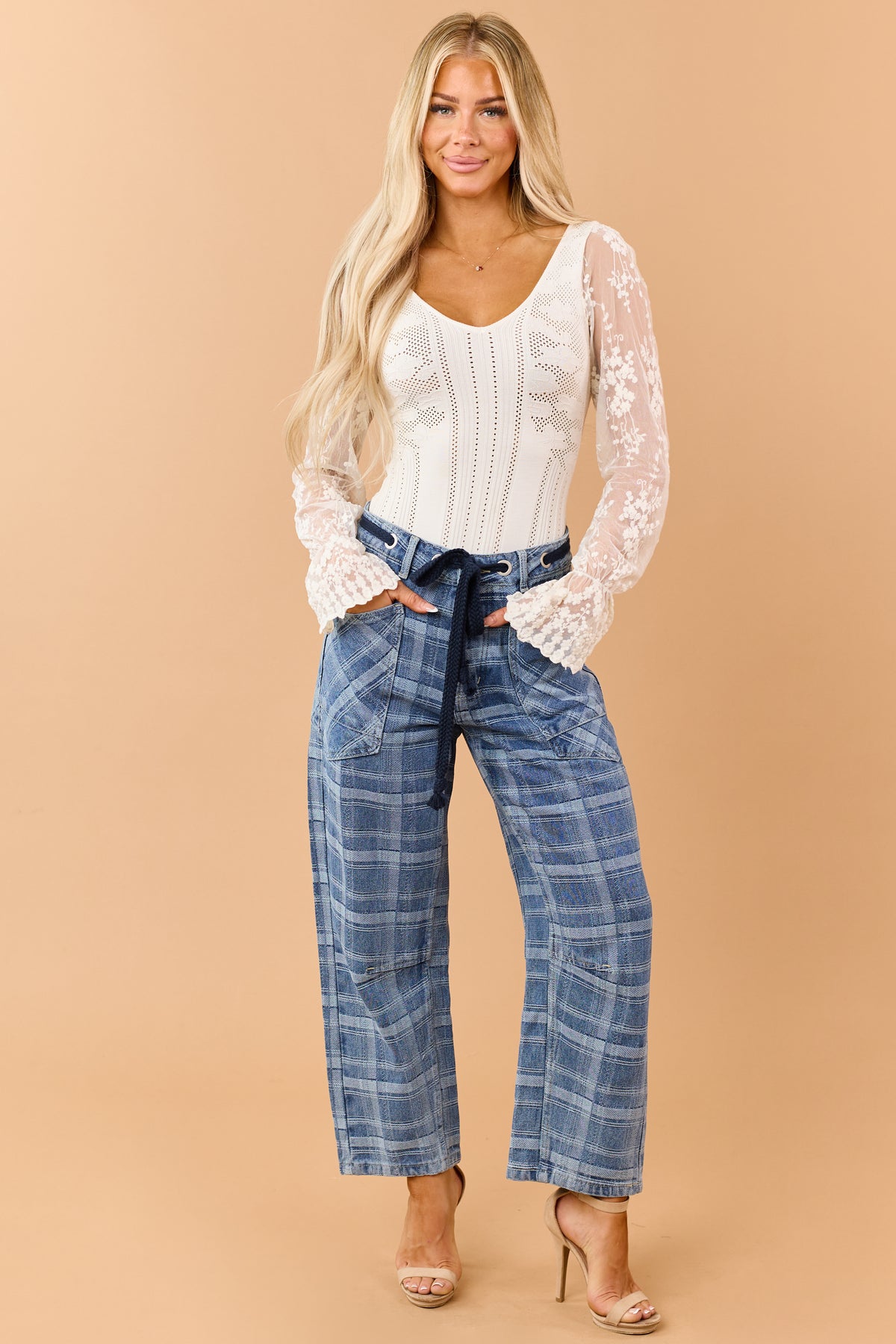 Medium Wash Plaid Drawstring Barrel Crop Jeans