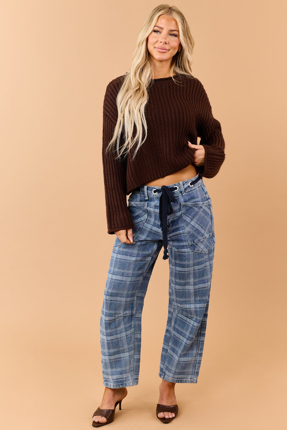 Medium Wash Plaid Drawstring Barrel Crop Jeans