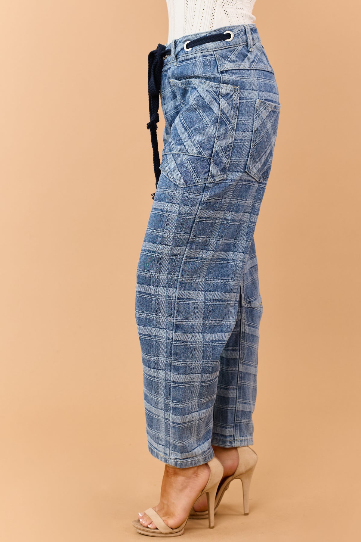 Medium Wash Plaid Drawstring Barrel Crop Jeans