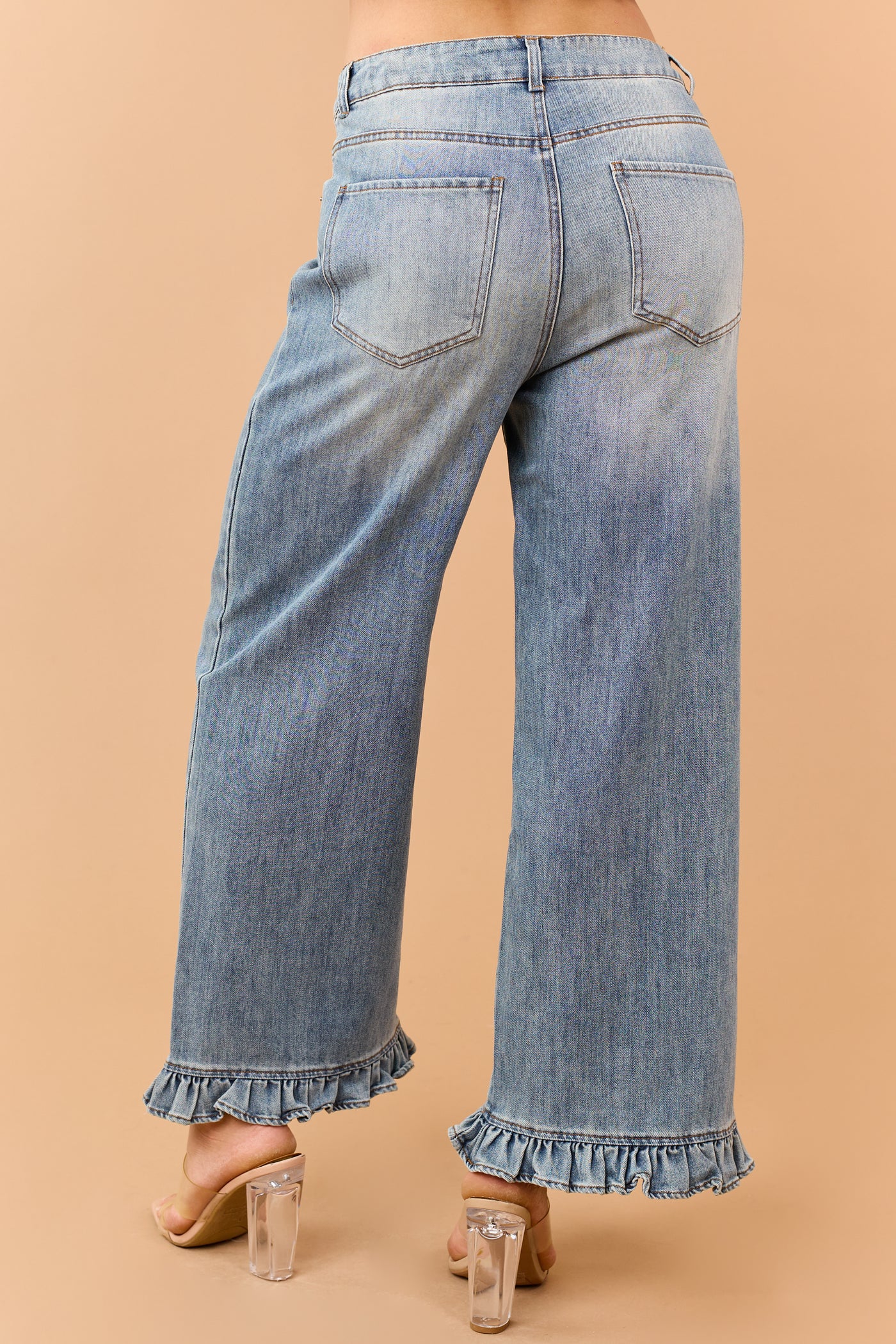 Medium Wash Ruffle Hem Wide Leg Jeans