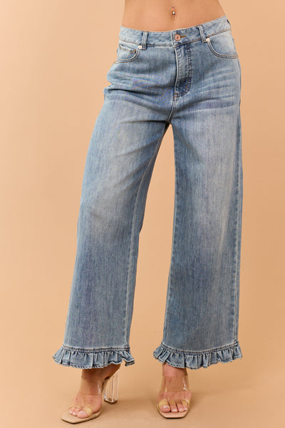 Medium Wash Ruffle Hem Wide Leg Jeans