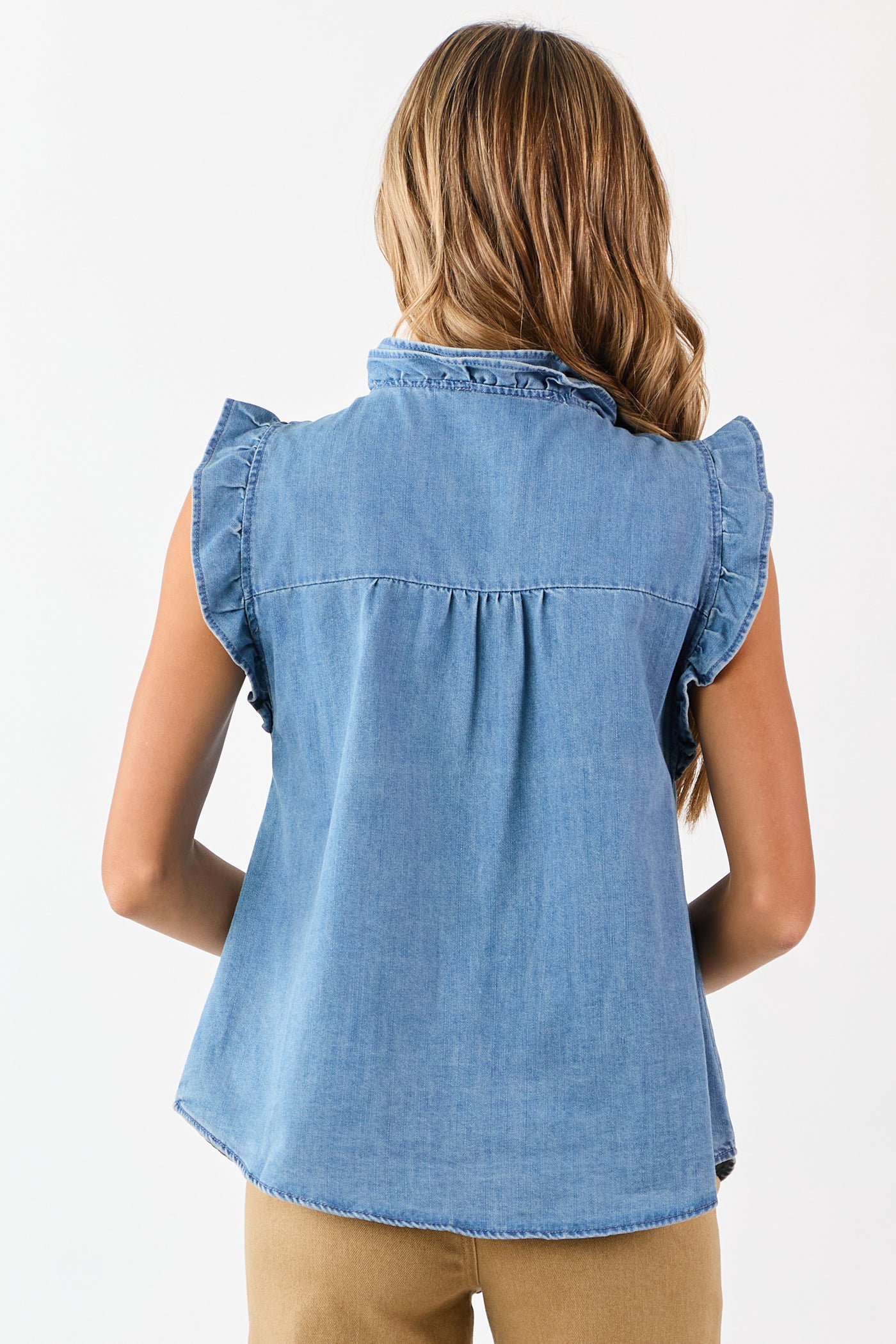 Medium Wash Ruffle Trim Cap Sleeve Denim Top