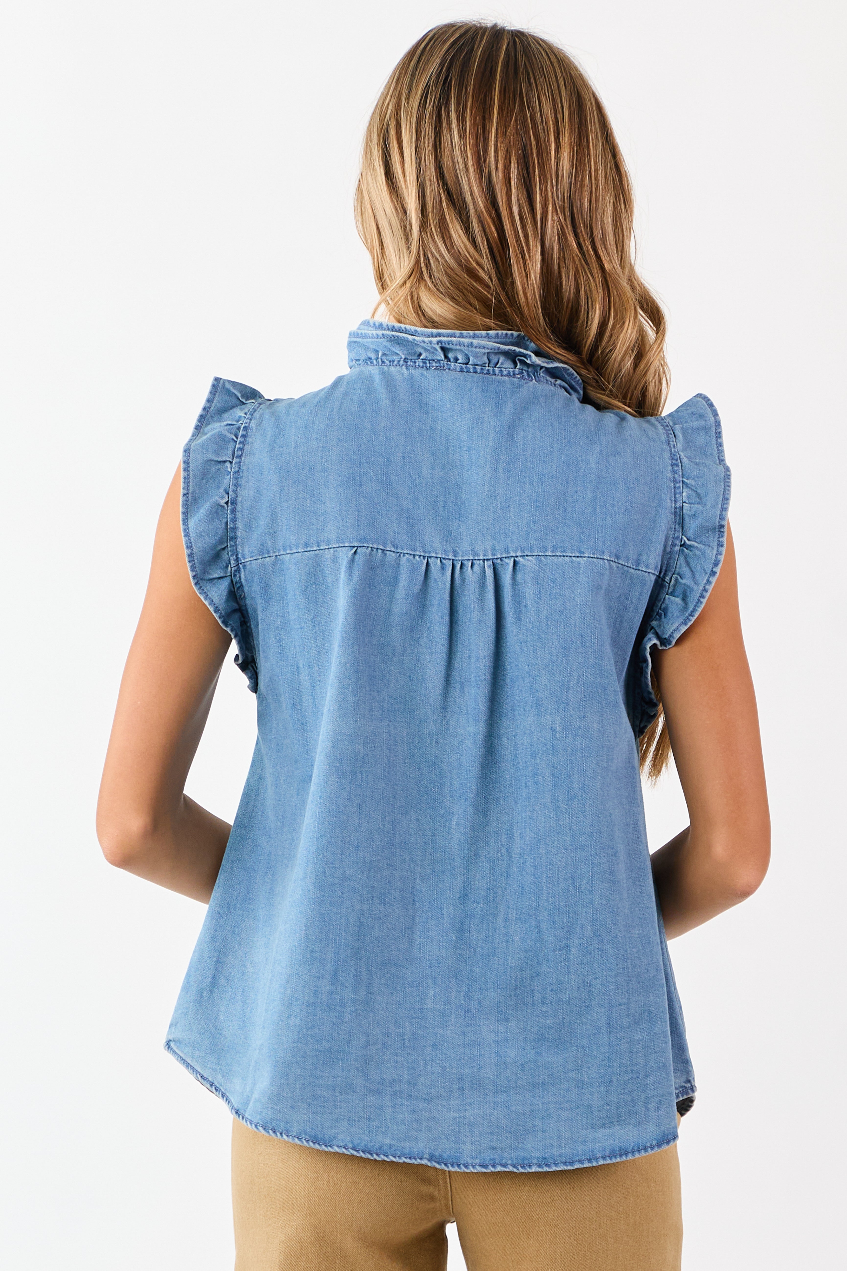 Medium Wash Ruffle Trim Cap Sleeve Denim Top