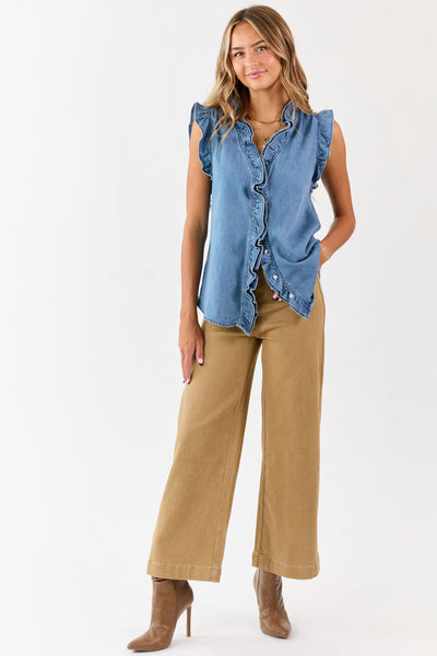 Medium Wash Ruffle Trim Cap Sleeve Denim Top