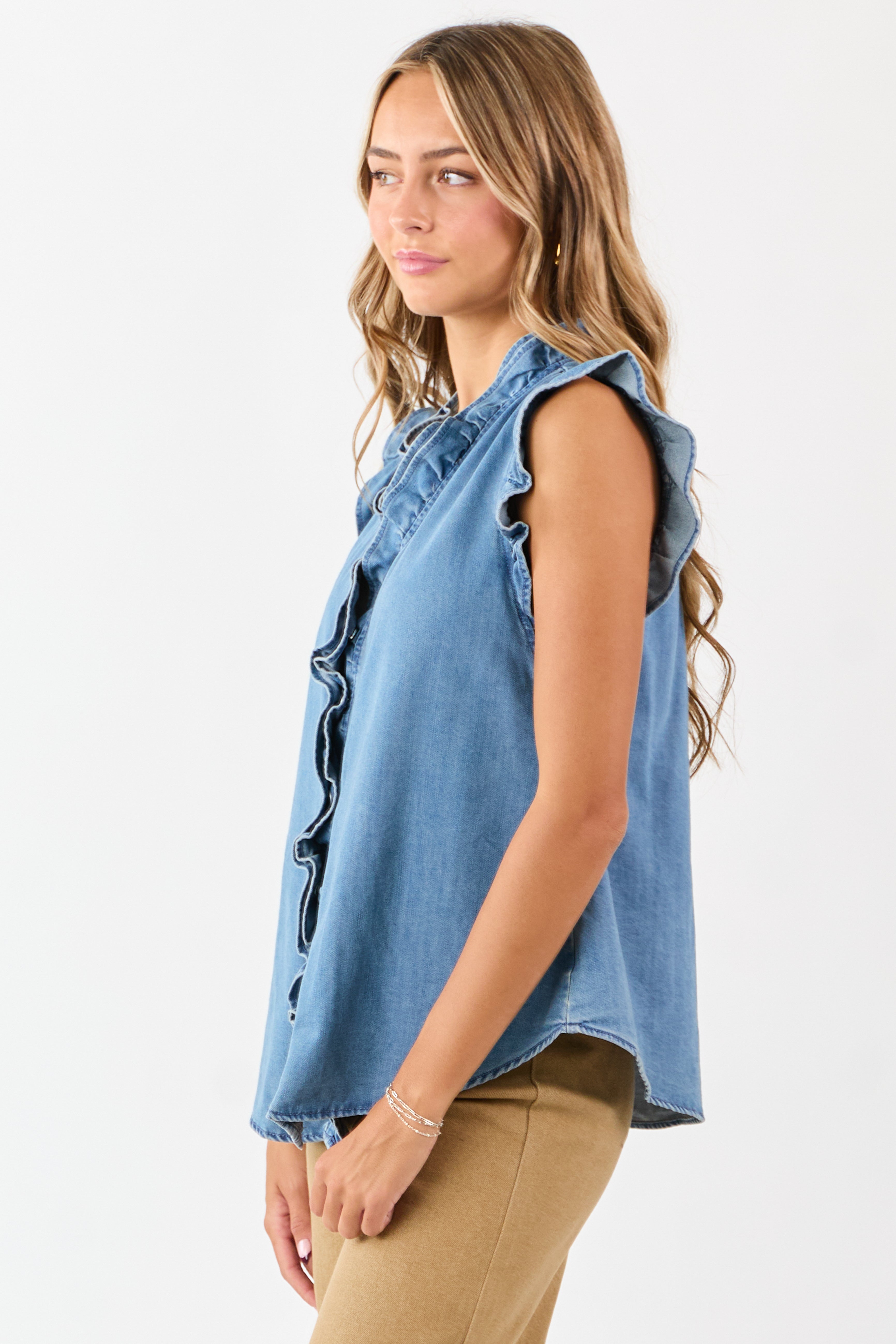Medium Wash Ruffle Trim Cap Sleeve Denim Top