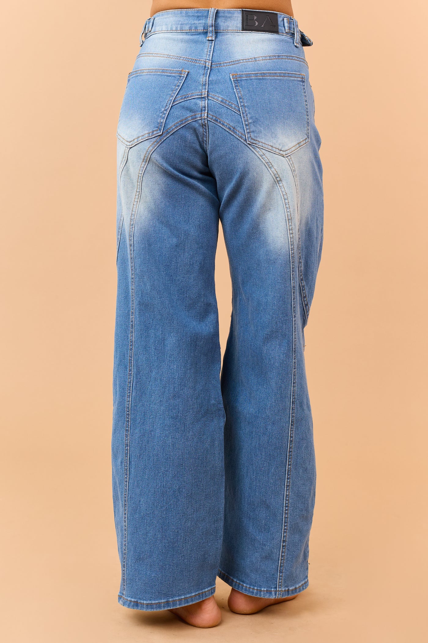 Medium Wash Seam Detailed Wide Leg Stretchy Jeans