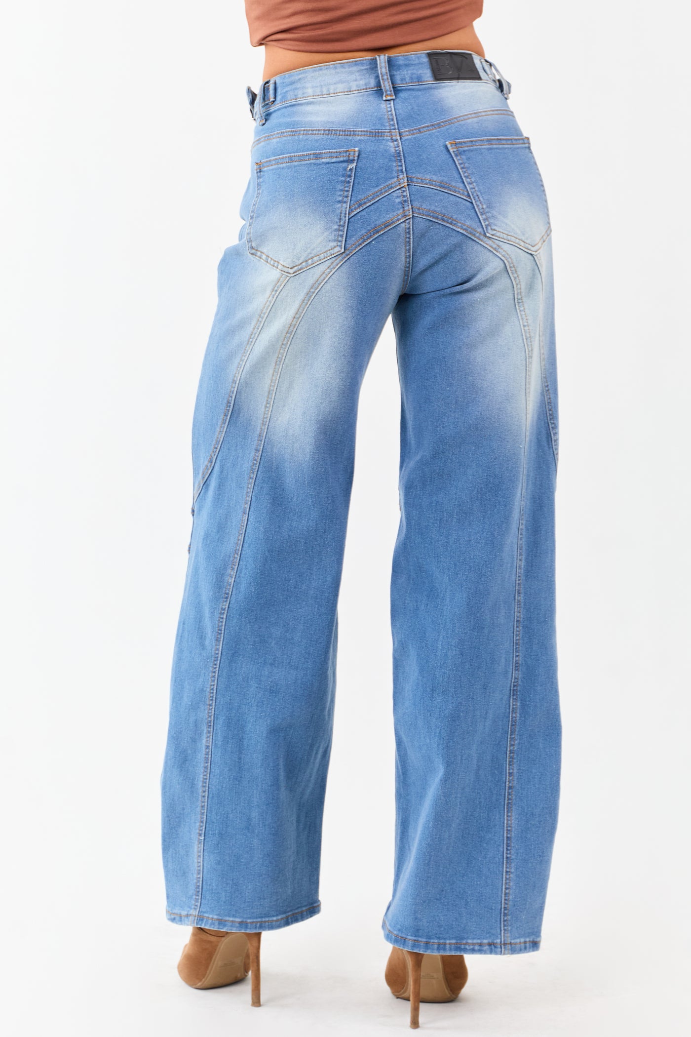 Medium Wash Seam Detailed Wide Leg Stretchy Jeans