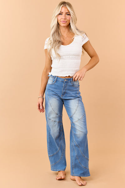 Medium Wash Seam Detailed Wide Leg Stretchy Jeans