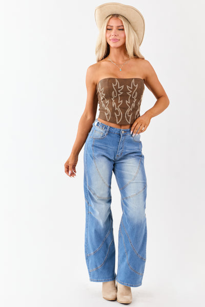 Medium Wash Seam Detailed Wide Leg Stretchy Jeans