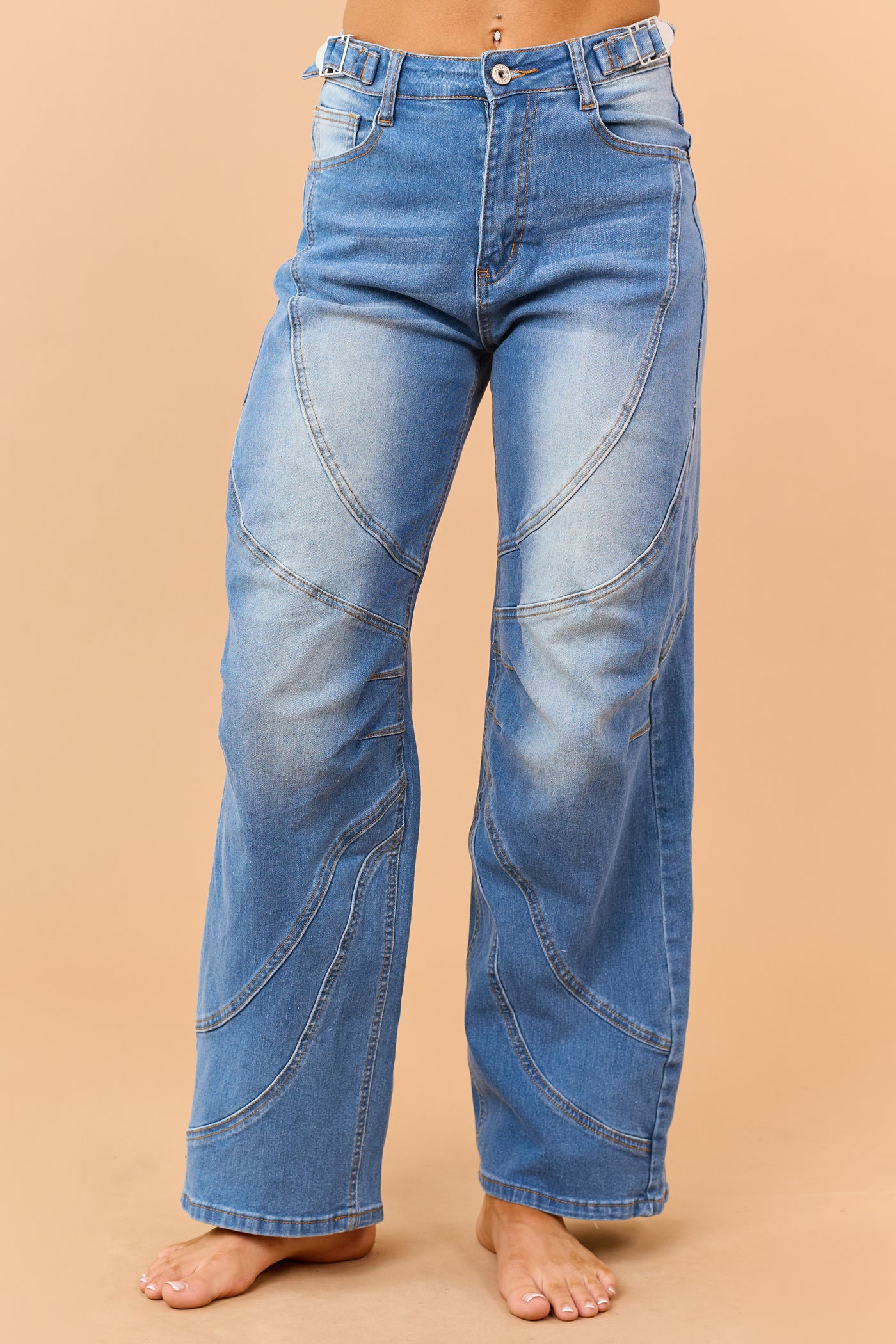 Medium Wash Seam Detailed Wide Leg Stretchy Jeans
