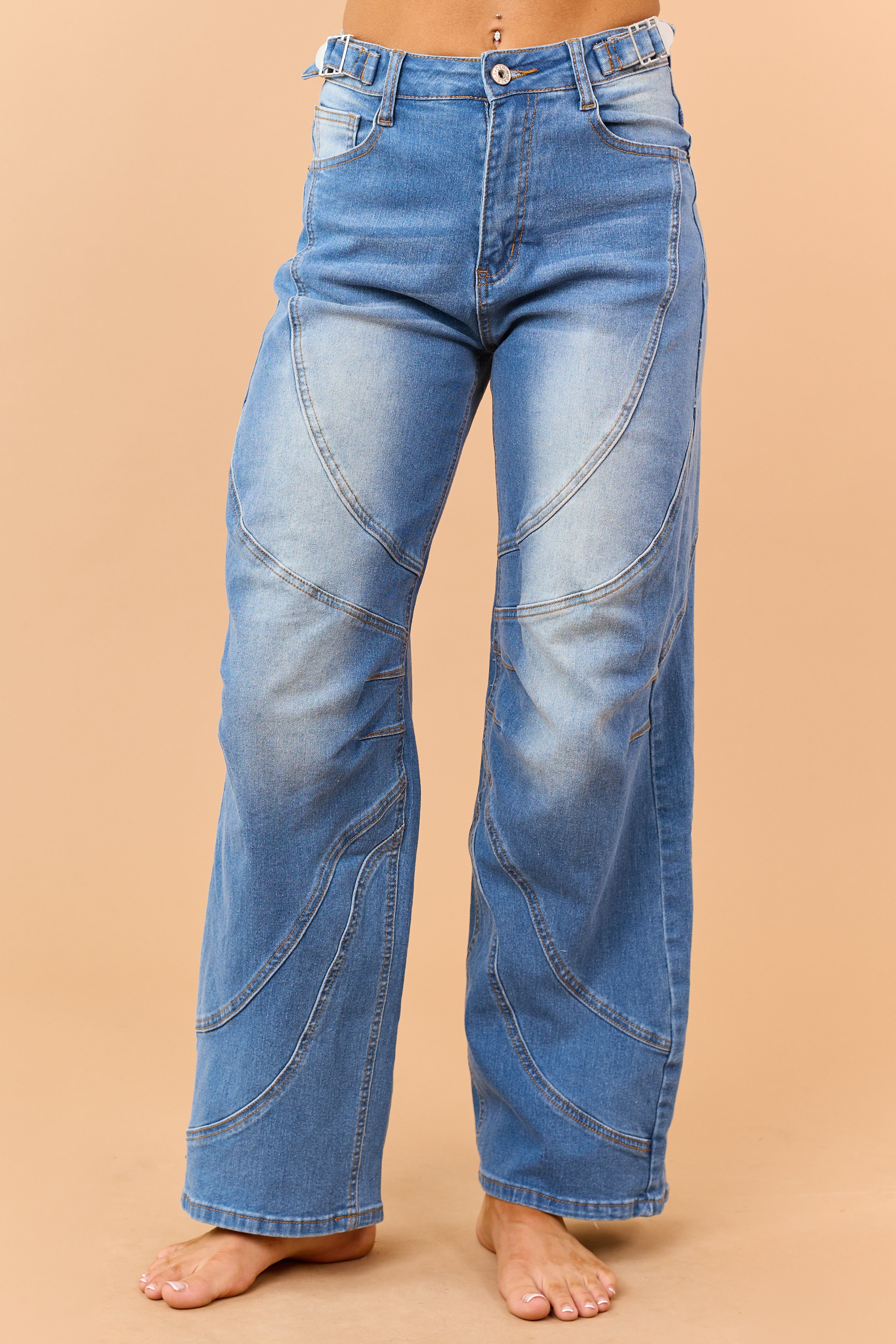 Medium Wash Seam Detailed Wide Leg Stretchy Jeans