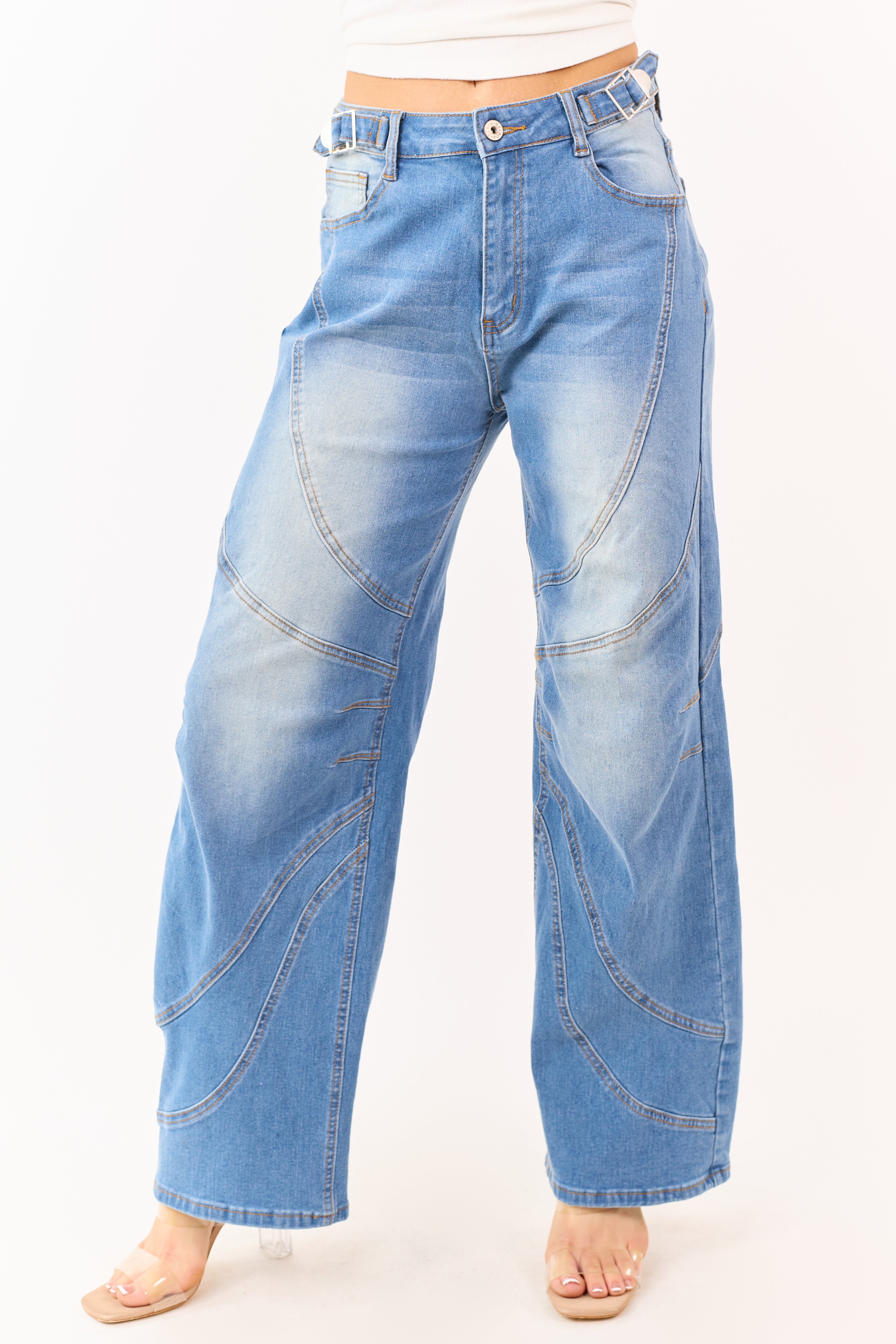 Medium Wash Seam Detailed Wide Leg Stretchy Jeans