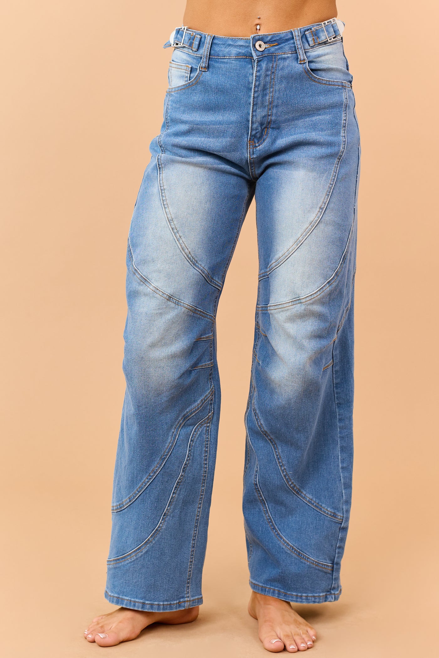 Medium Wash Seam Detailed Wide Leg Stretchy Jeans