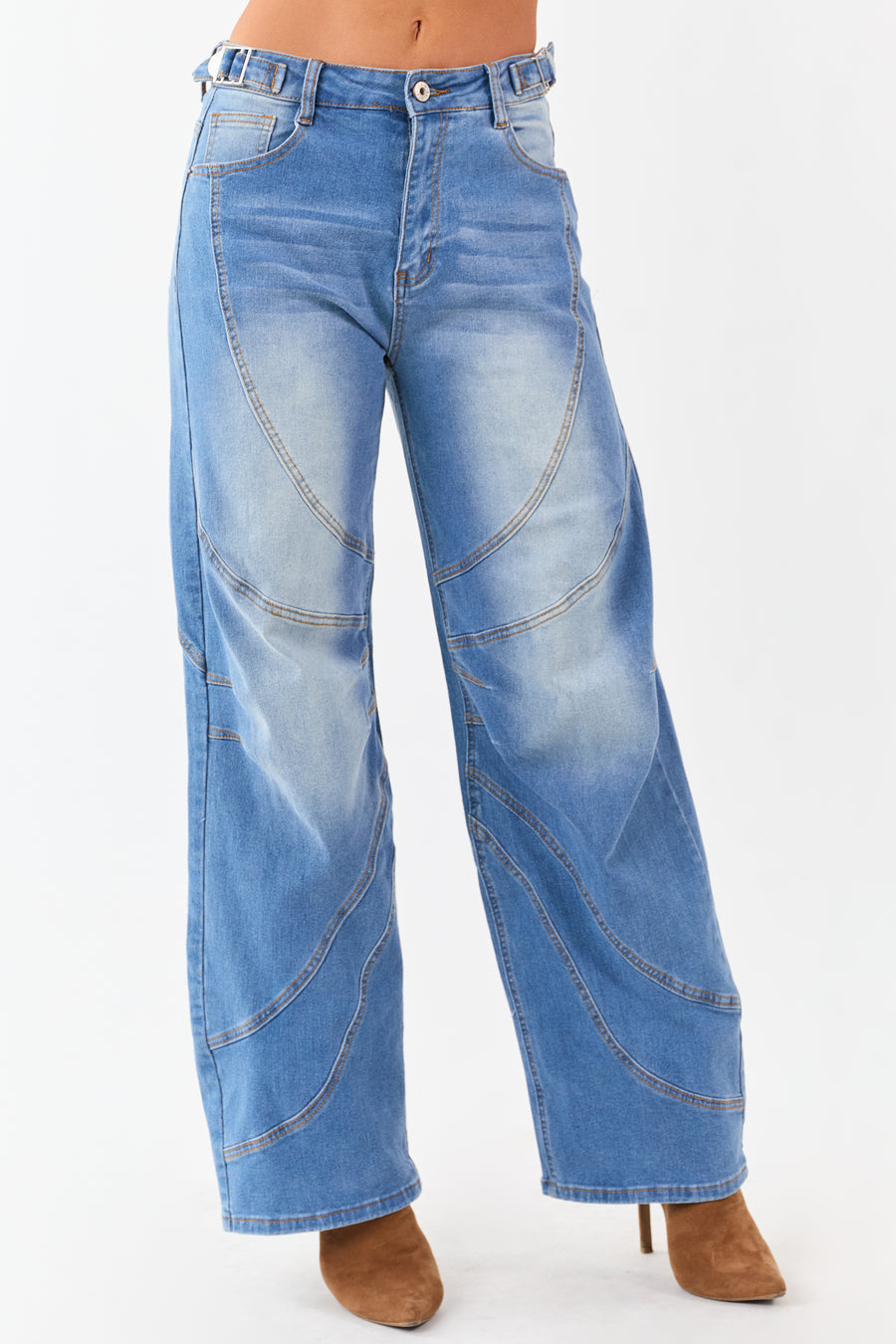 Medium Wash Seam Detailed Wide Leg Stretchy Jeans