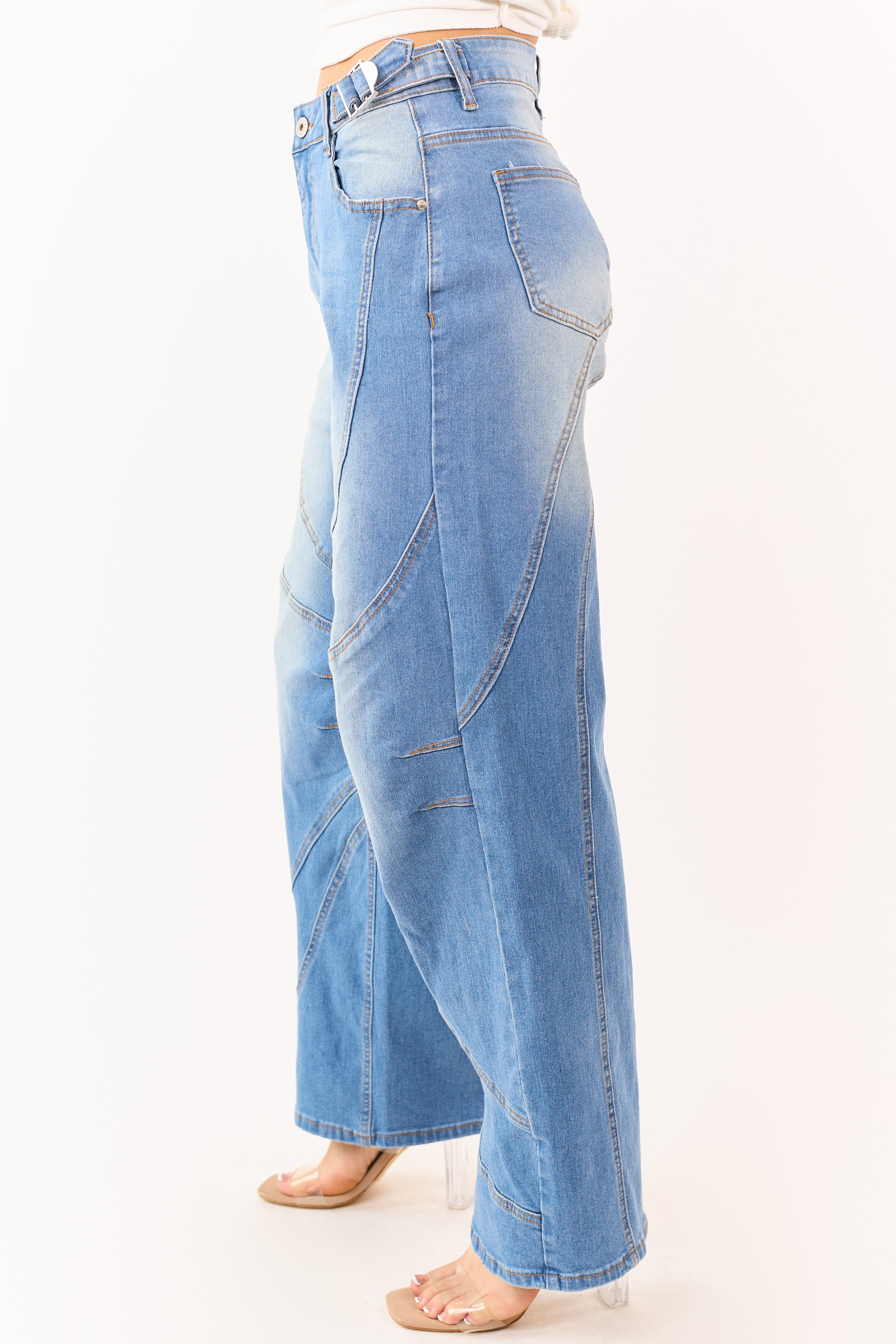 Medium Wash Seam Detailed Wide Leg Stretchy Jeans
