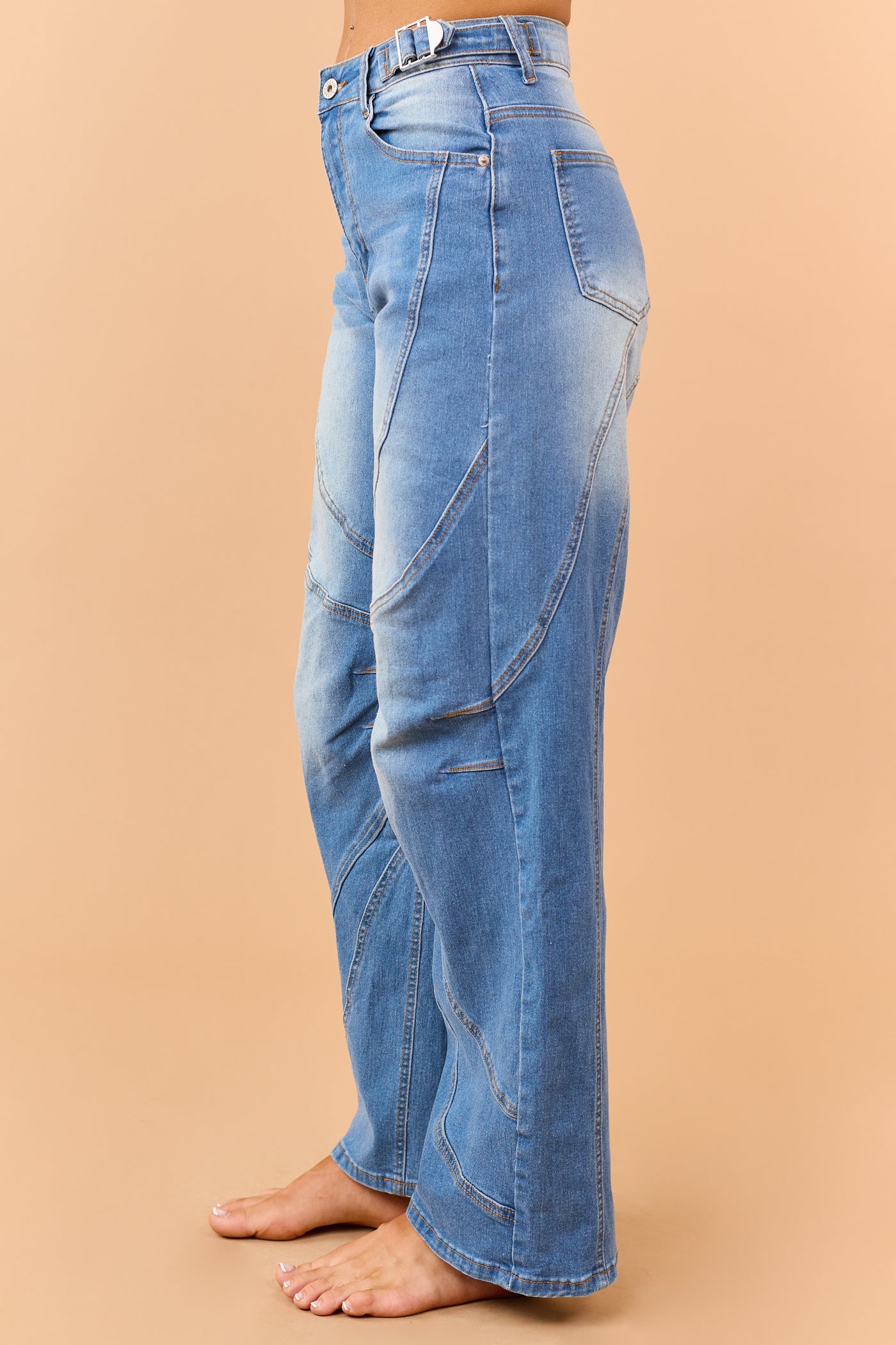 Medium Wash Seam Detailed Wide Leg Stretchy Jeans