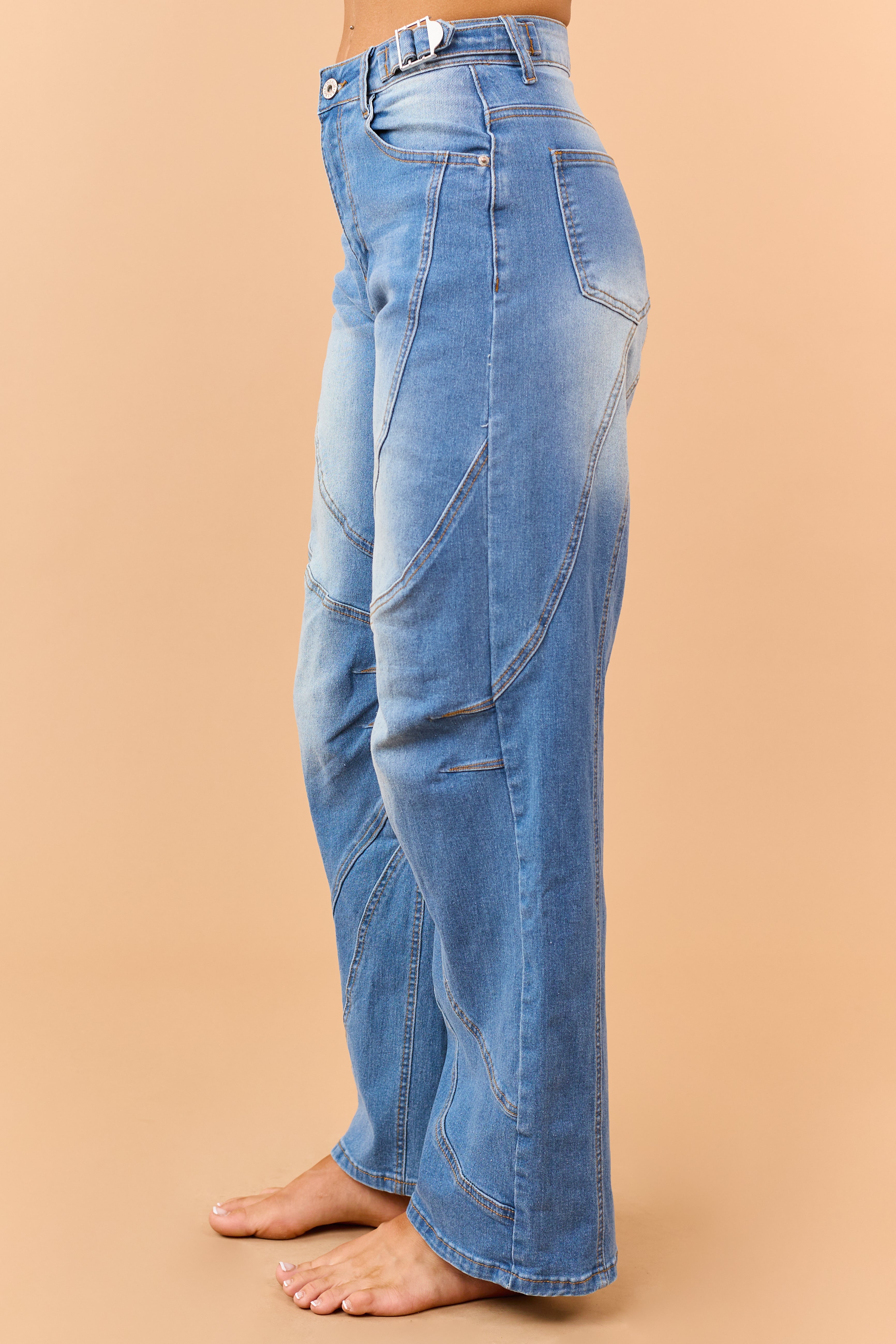 Medium Wash Seam Detailed Wide Leg Stretchy Jeans