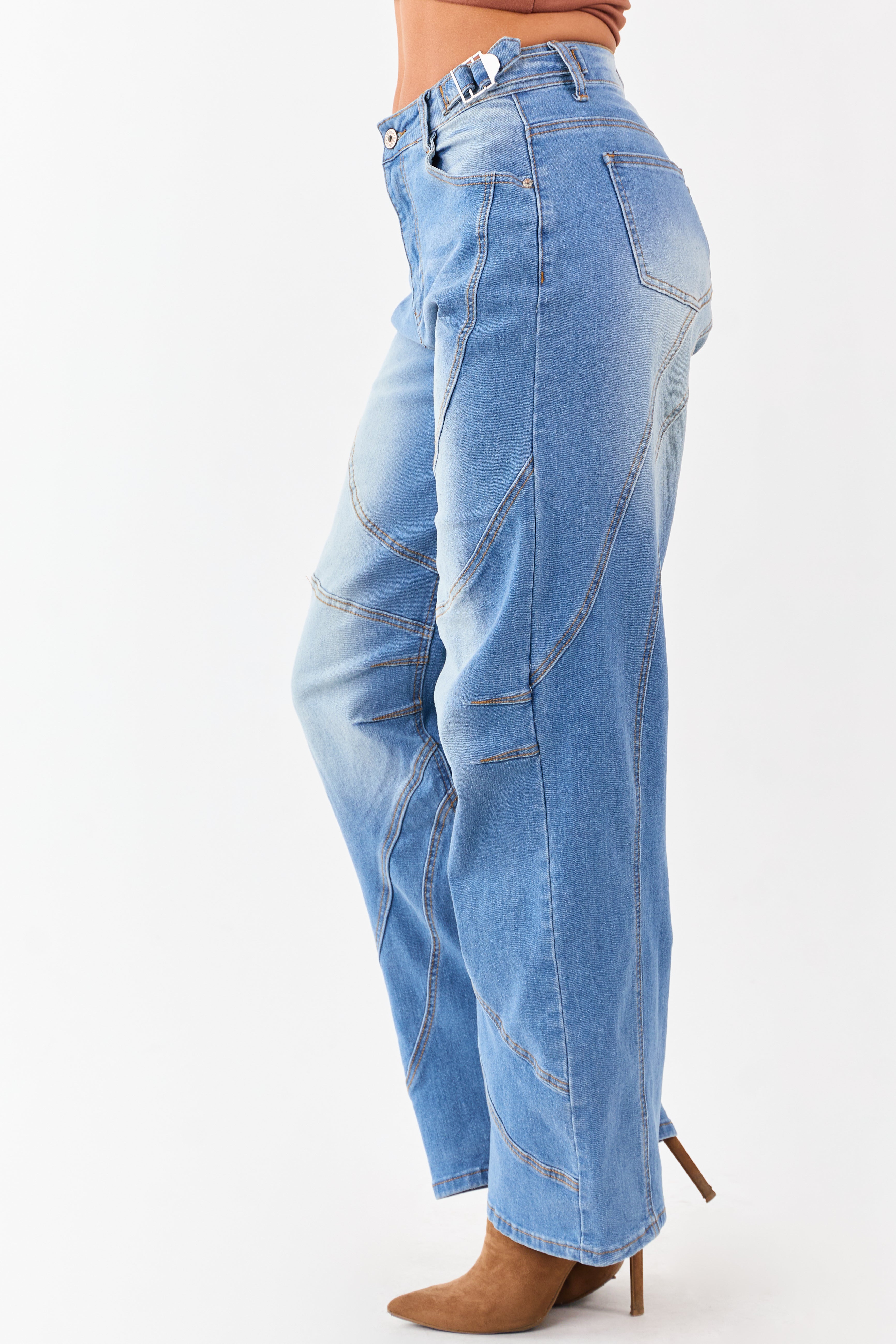 Medium Wash Seam Detailed Wide Leg Stretchy Jeans