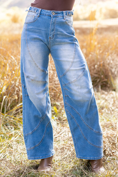 Medium Wash Seam Detailed Wide Leg Stretchy Jeans