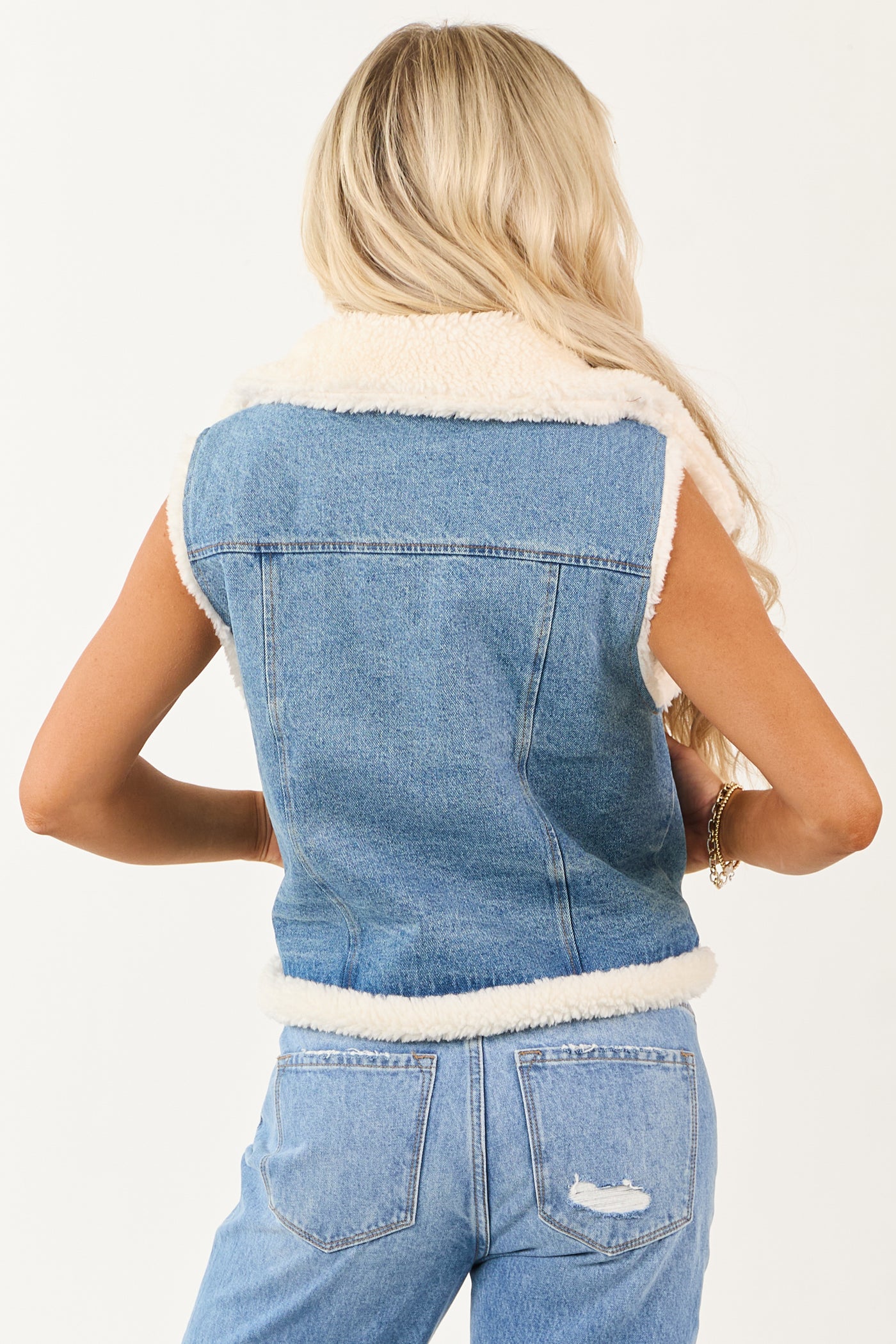 Medium Wash Sherpa Lined Zip Up Denim Vest
