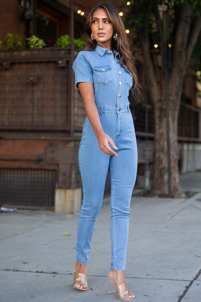 Medium Wash Short Sleeve Denim Jumpsuit