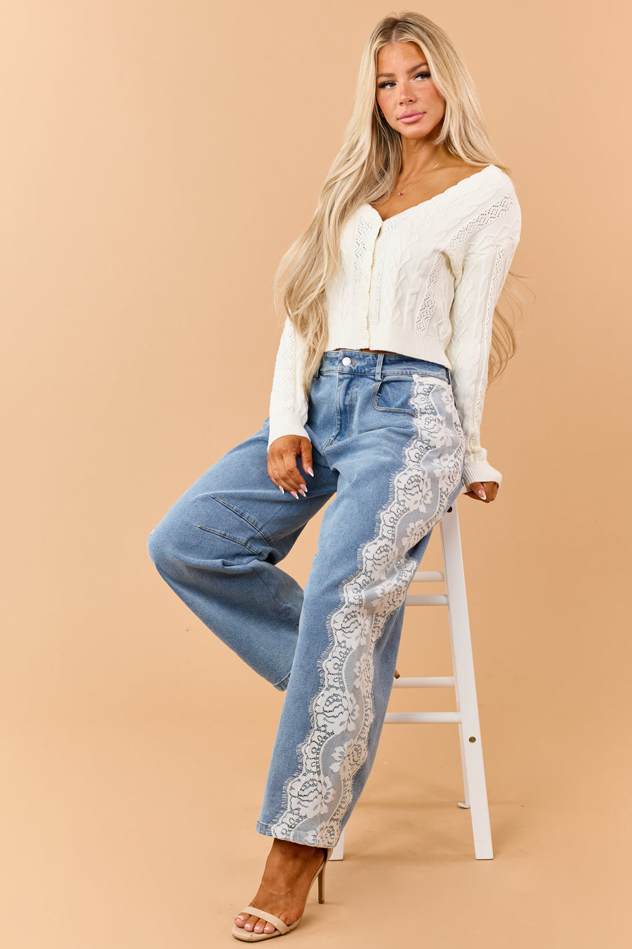 Medium Wash Side Lace Relaxed Barrel Jeans