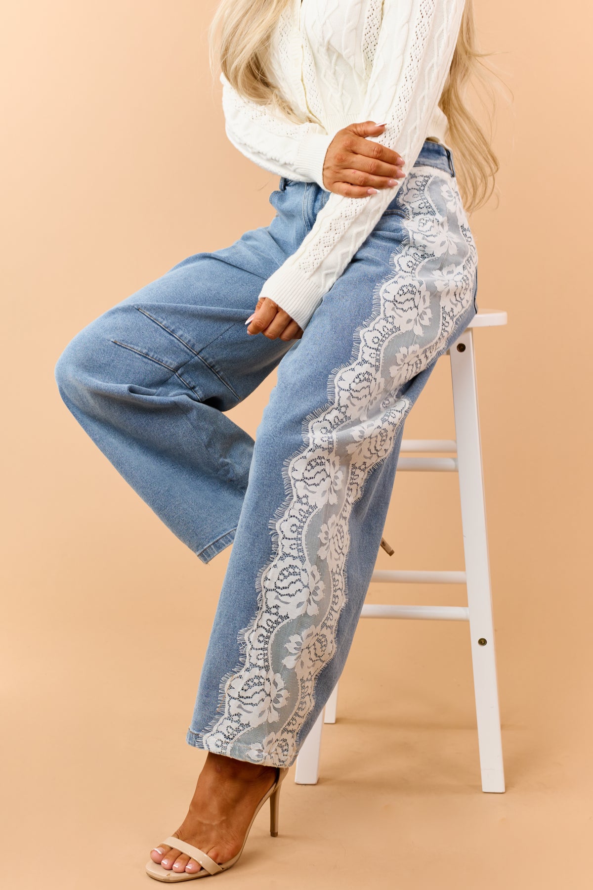 Medium Wash Side Lace Relaxed Barrel Jeans