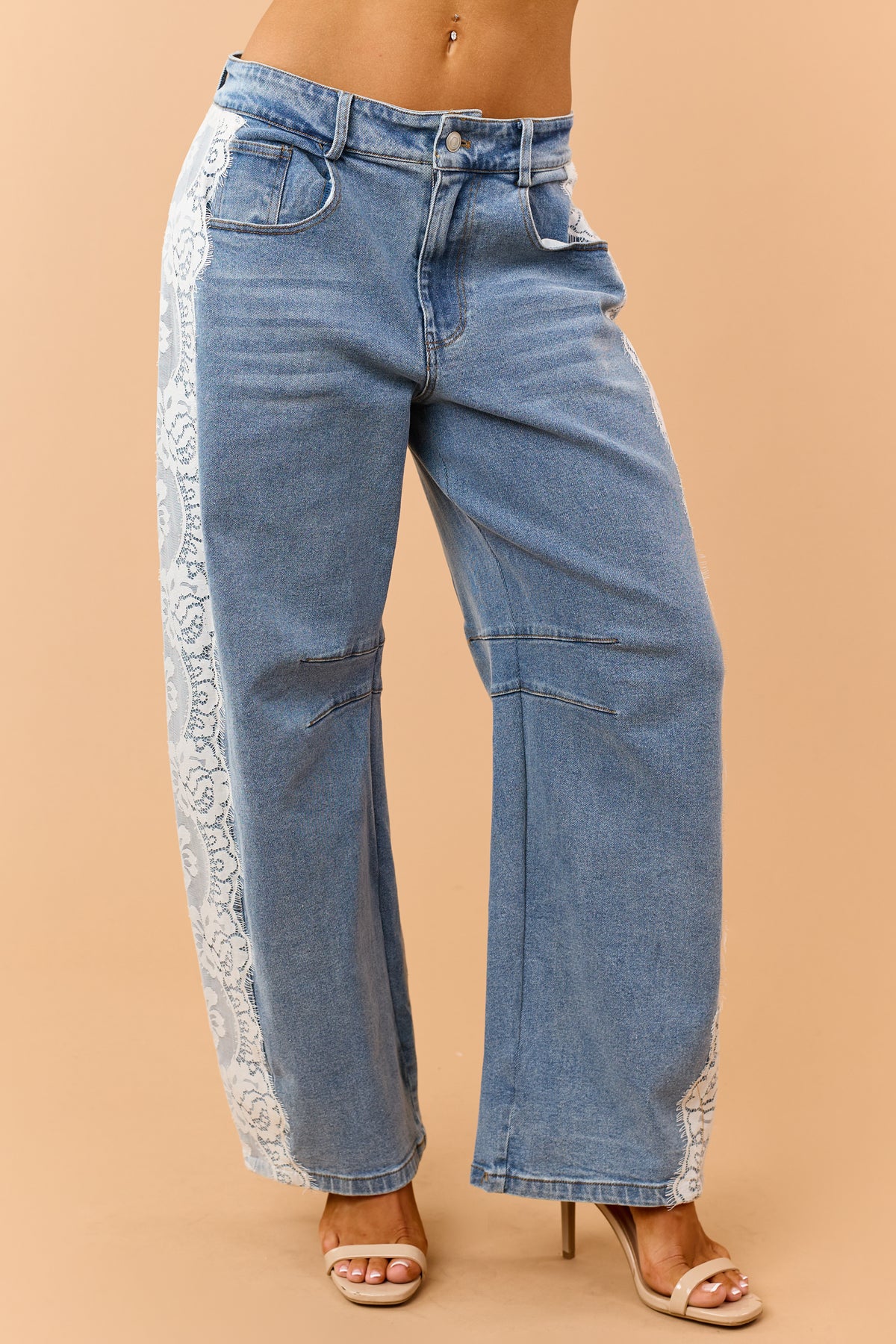 Medium Wash Side Lace Relaxed Barrel Jeans
