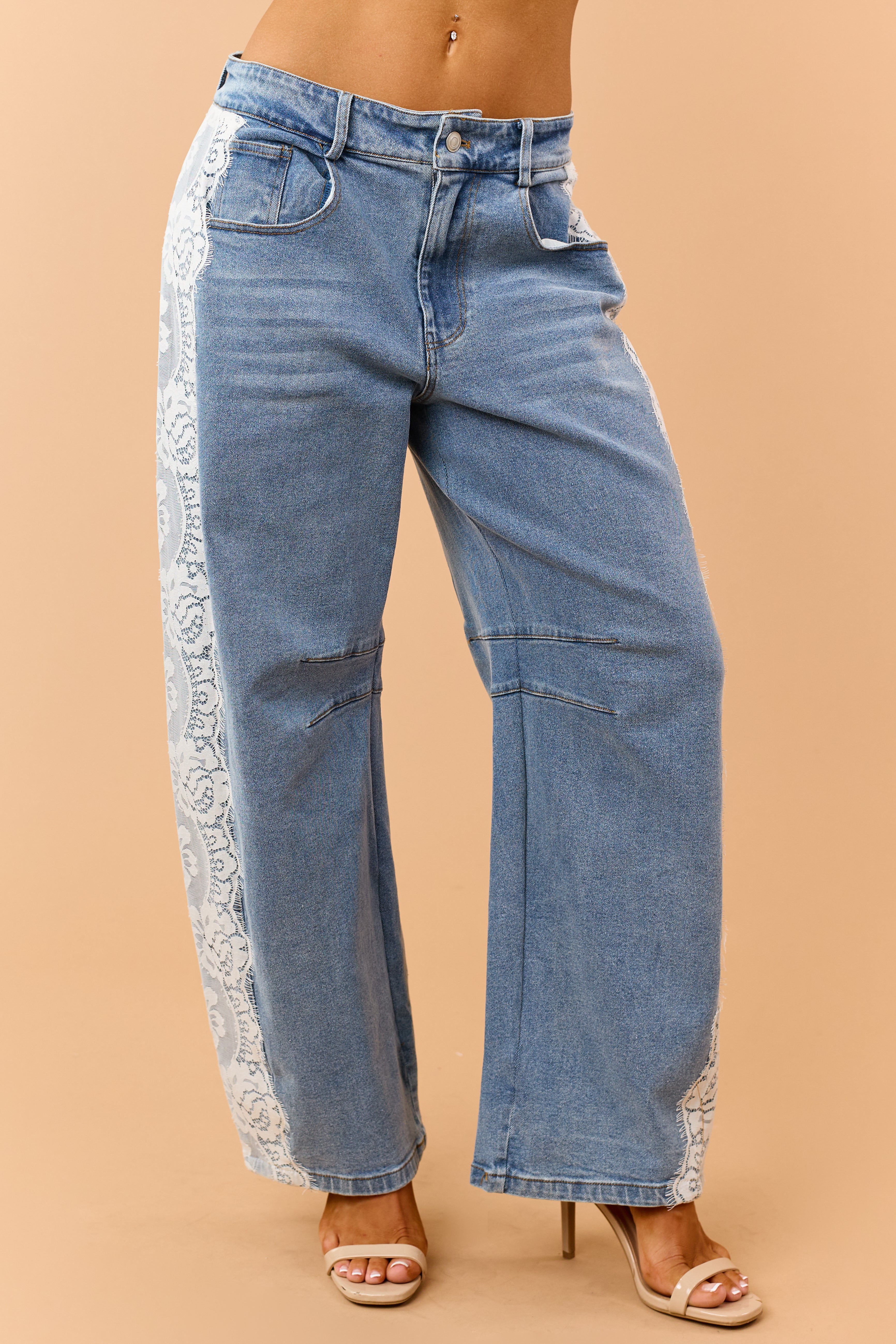 Medium Wash Side Lace Relaxed Barrel Jeans