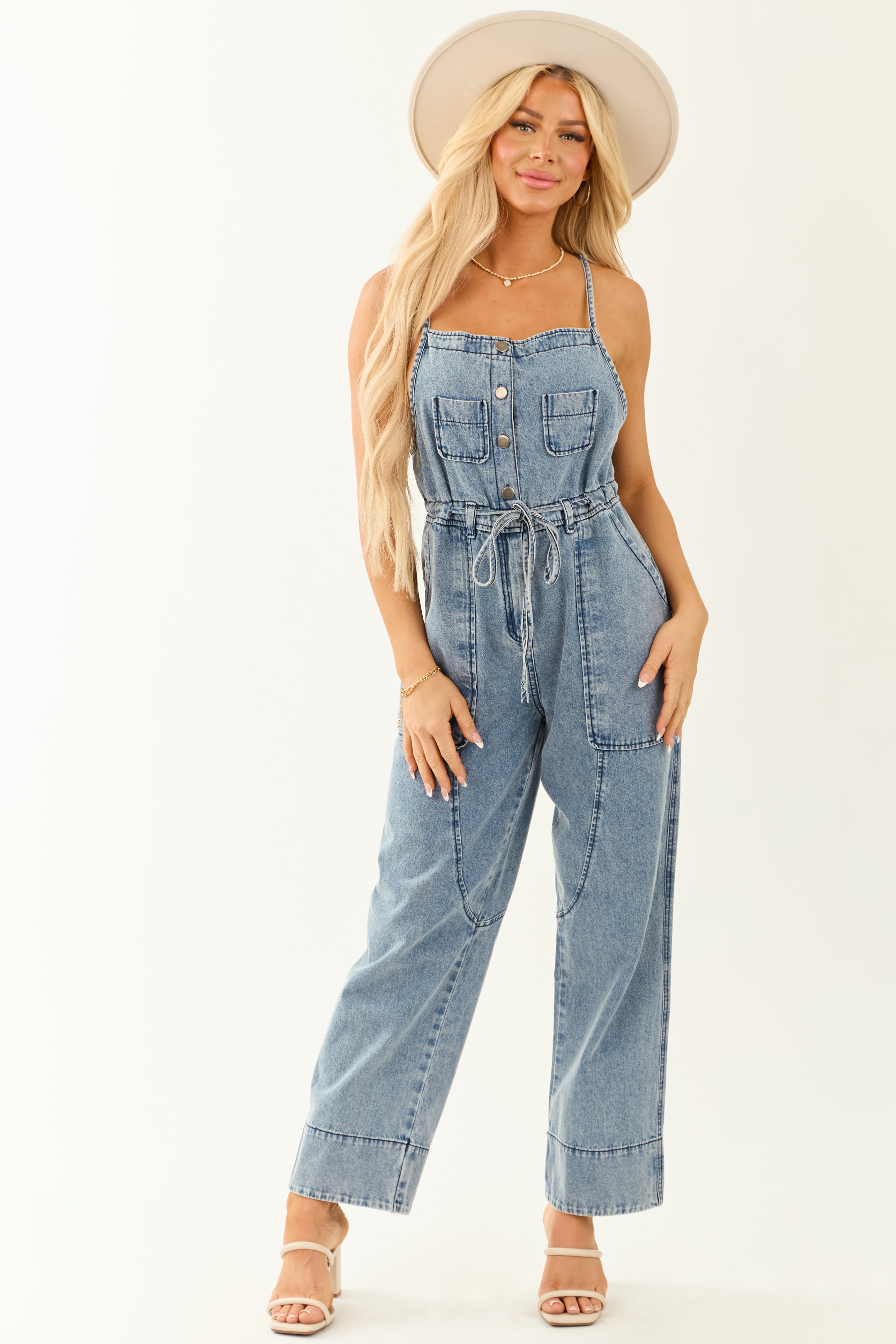Medium Wash Square Neck Wide Leg Overalls Jumpsuit