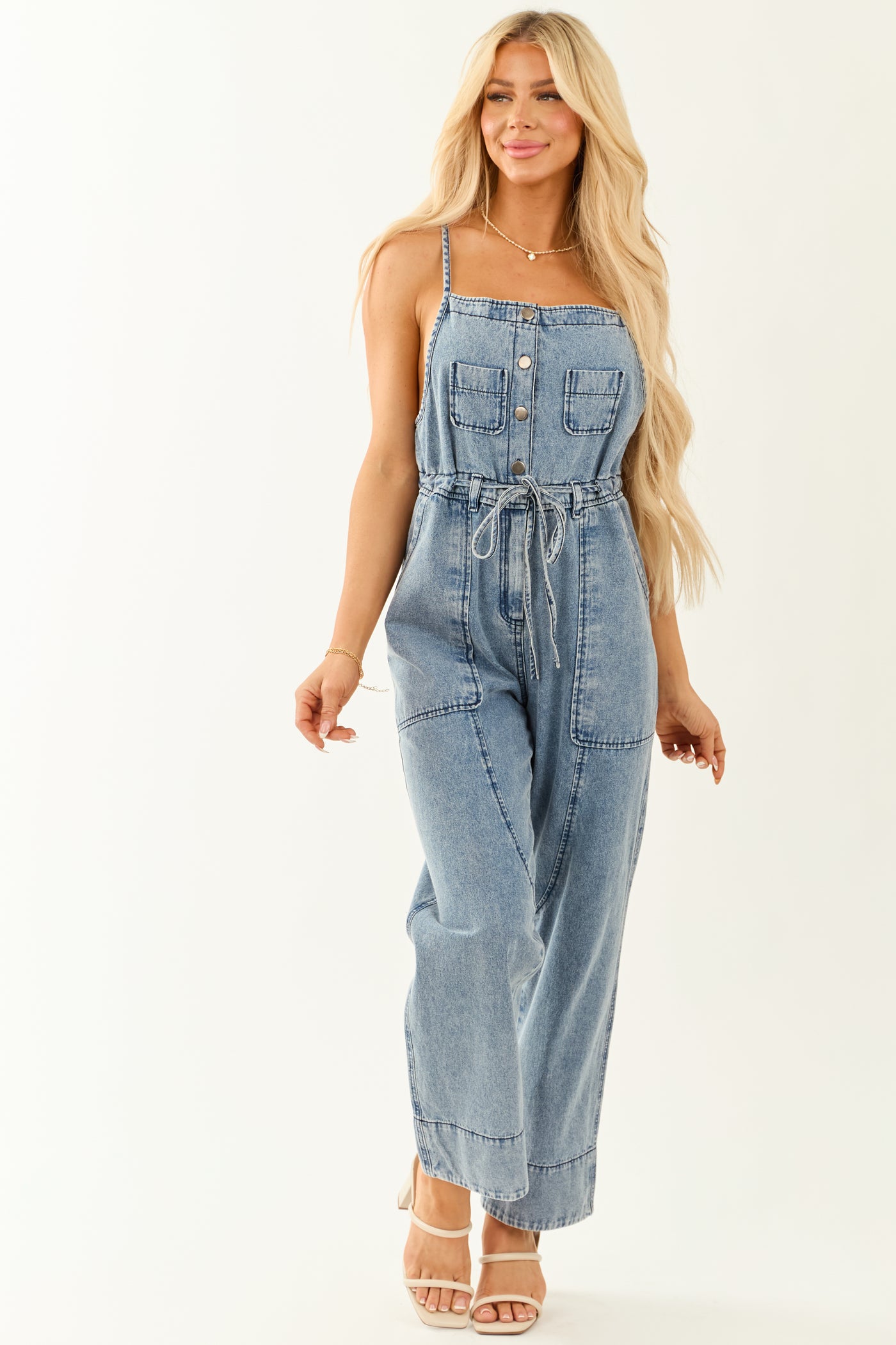 Medium Wash Square Neck Wide Leg Overalls Jumpsuit