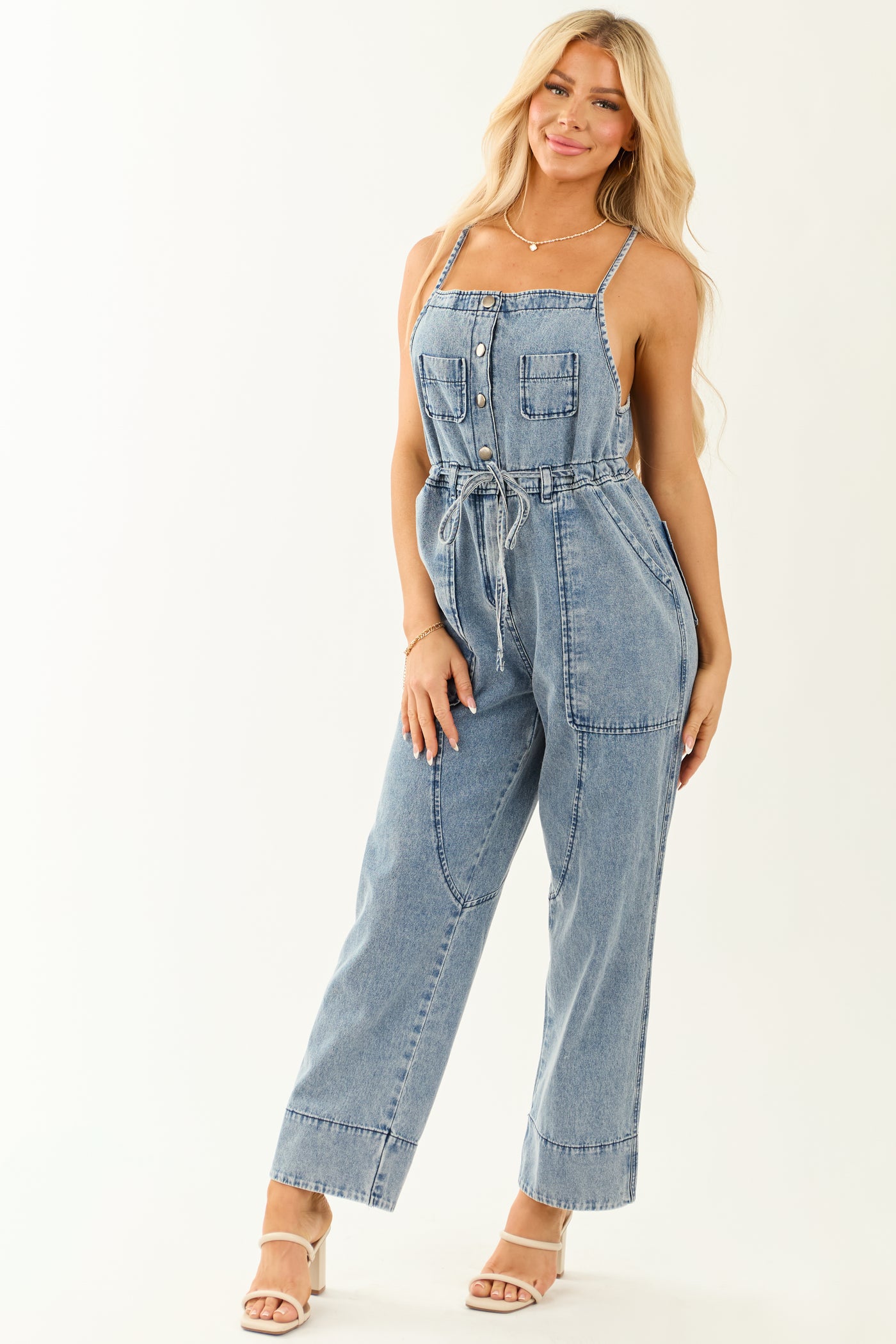 Medium Wash Square Neck Wide Leg Overalls Jumpsuit