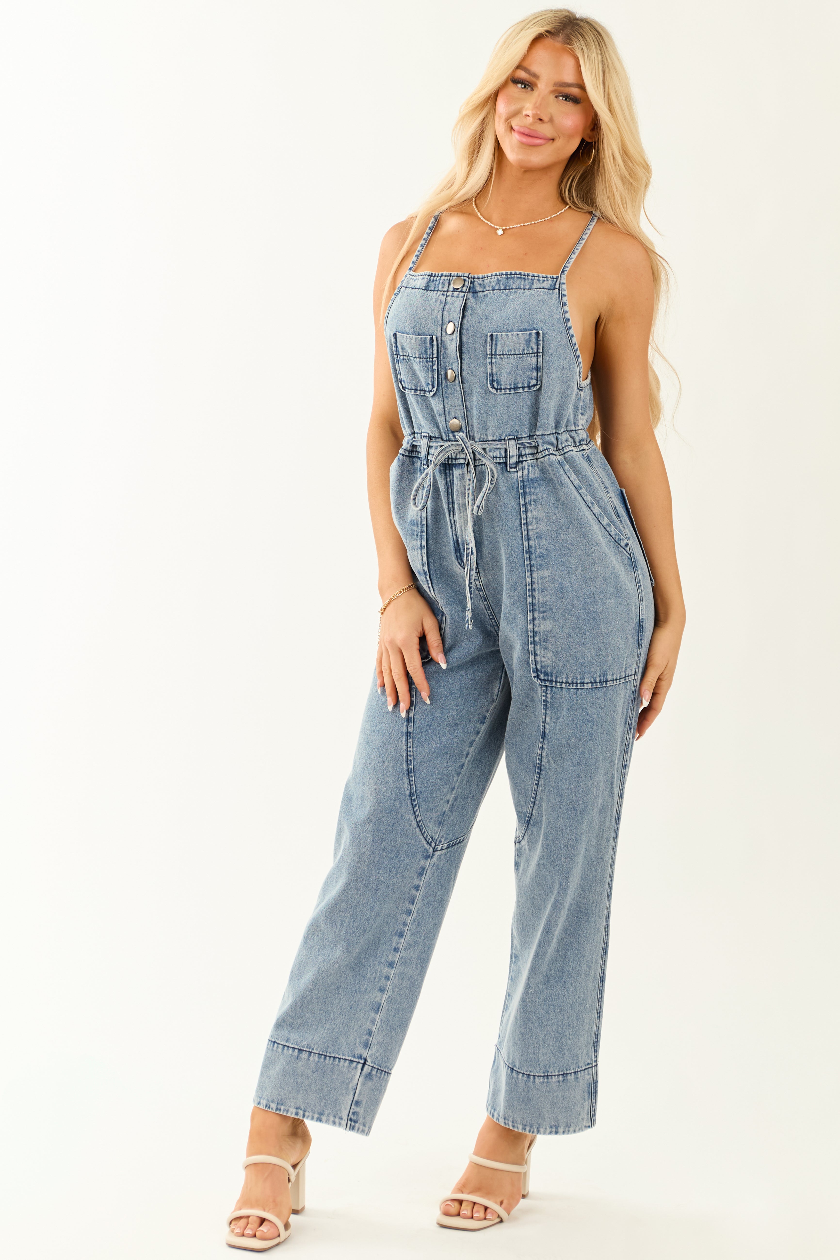 Medium Wash Square Neck Wide Leg Overalls Jumpsuit