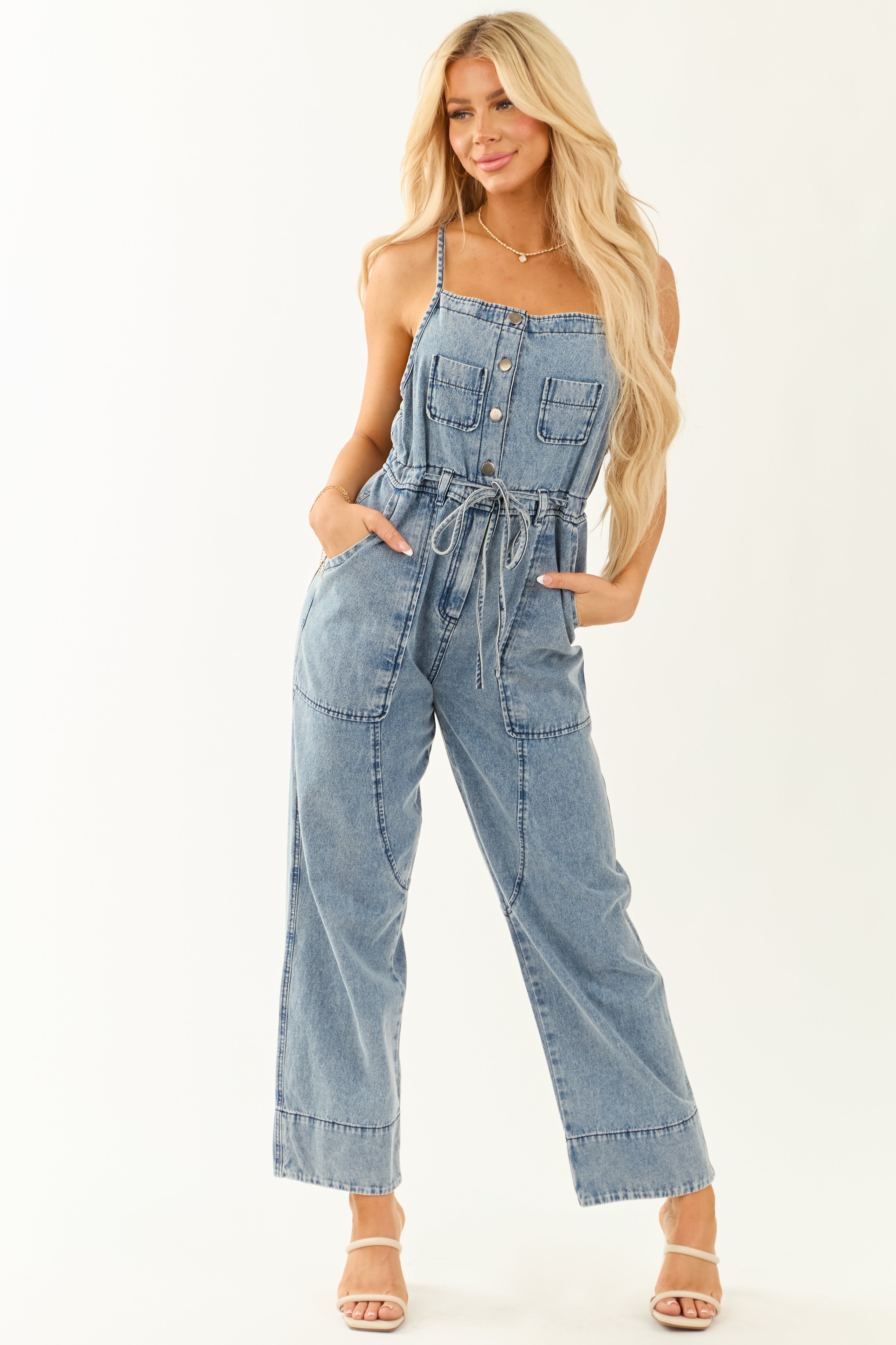 Medium Wash Square Neck Wide Leg Overalls Jumpsuit