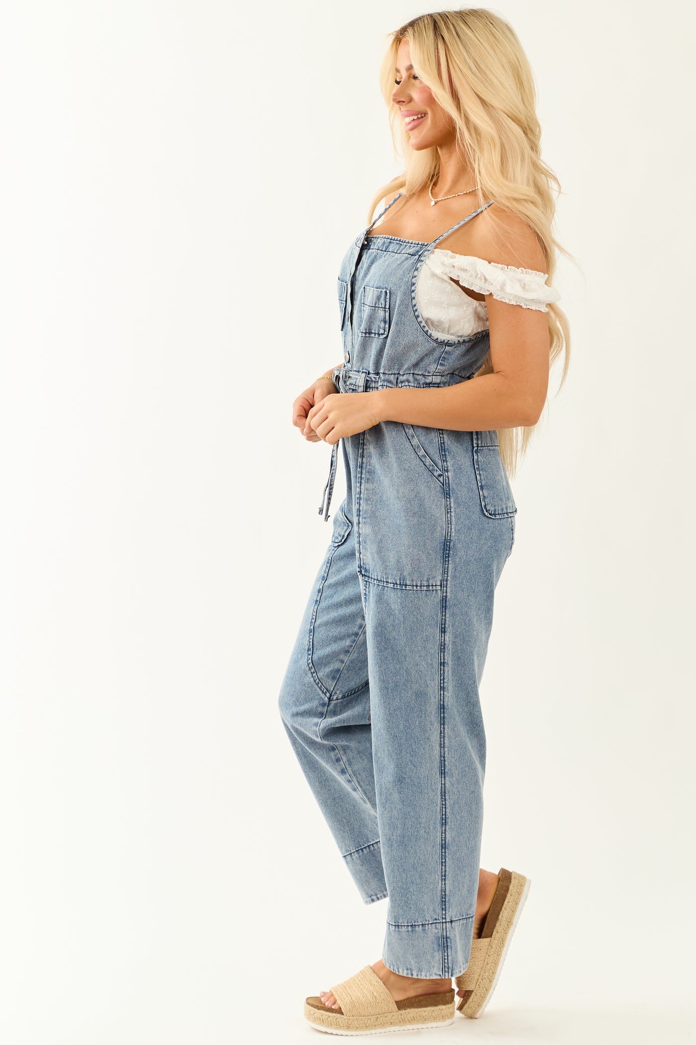 Medium Wash Square Neck Wide Leg Overalls Jumpsuit