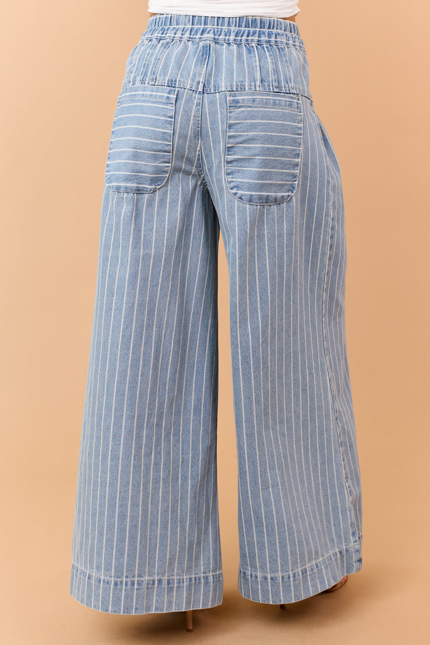 Medium Wash Striped Denim Wide Leg Drawstring Jeans