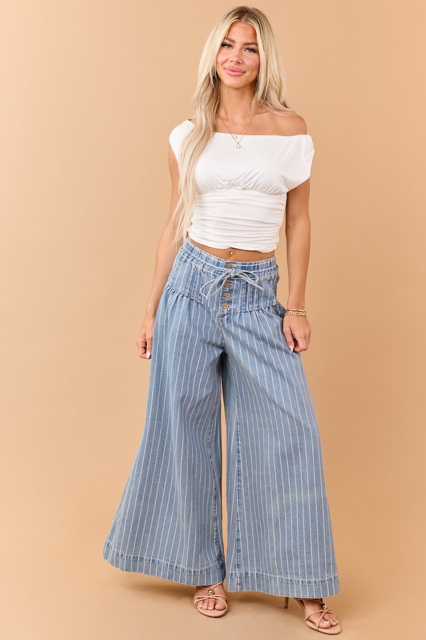 Medium Wash Striped Denim Wide Leg Drawstring Jeans