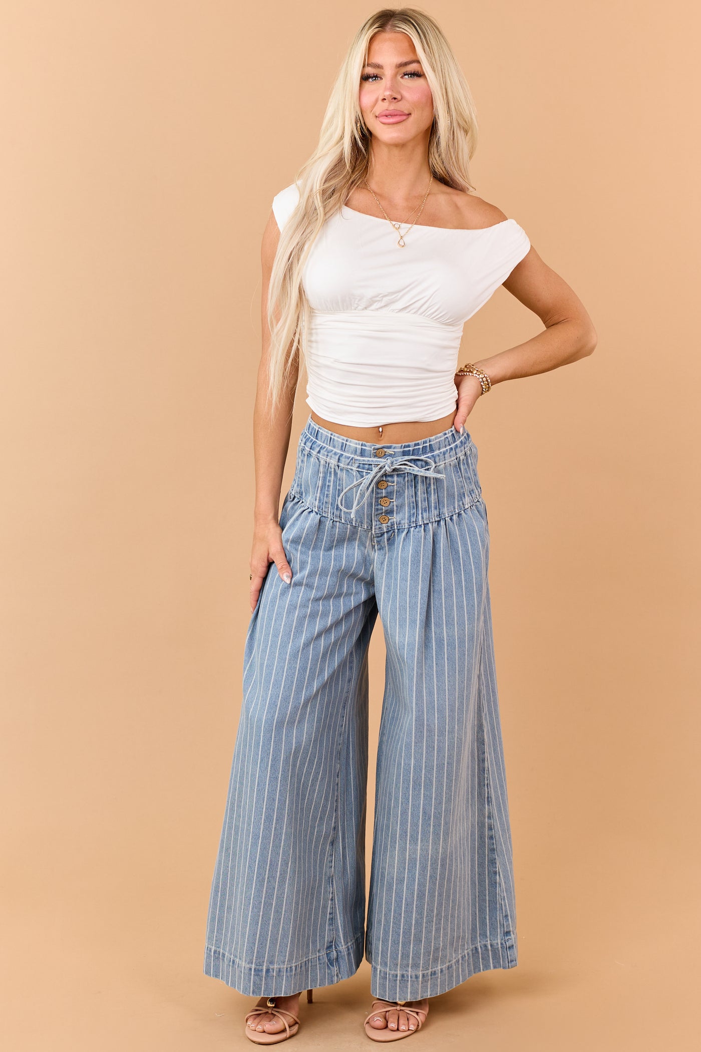 Medium Wash Striped Denim Wide Leg Drawstring Jeans