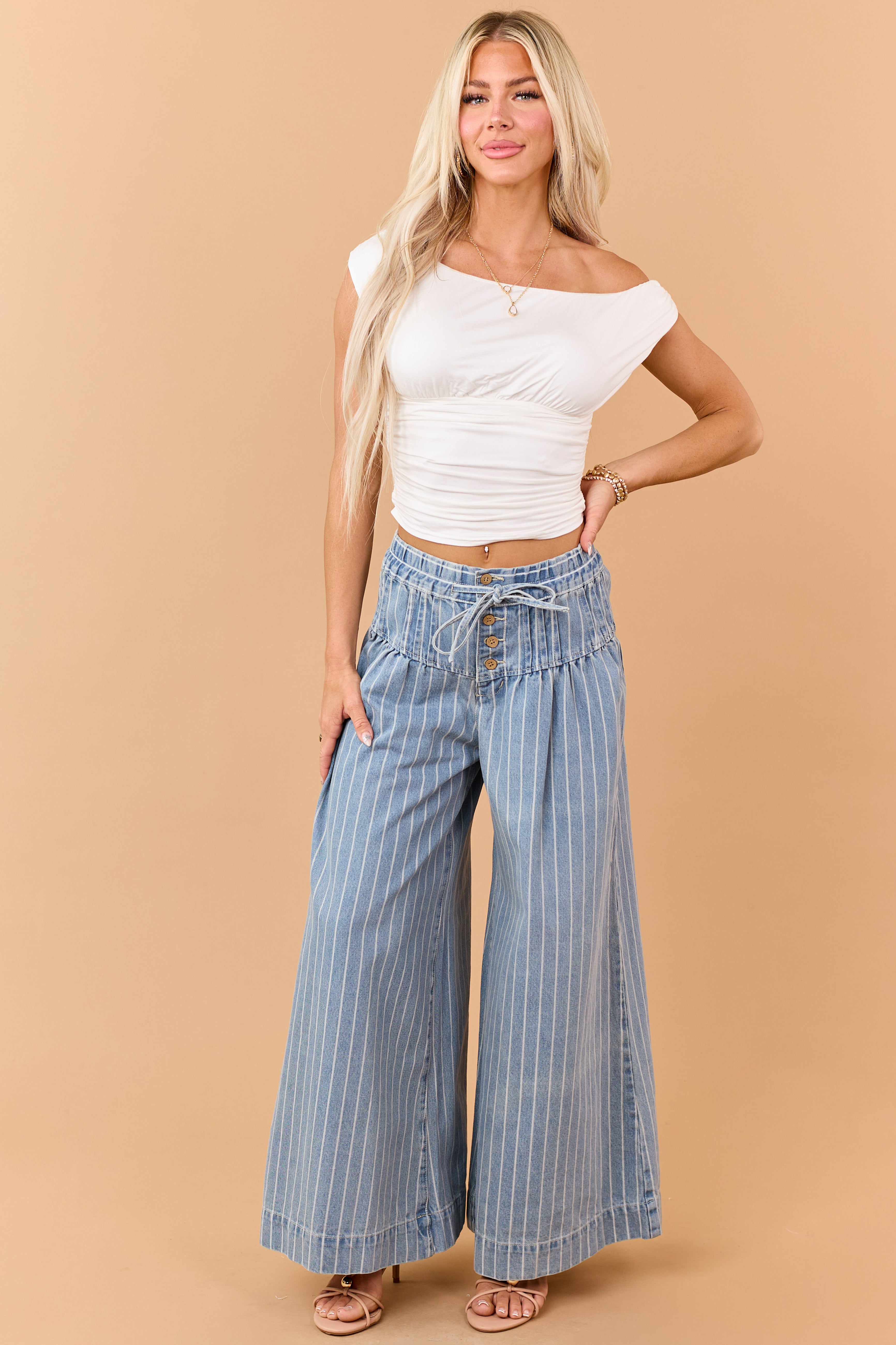 Medium Wash Striped Denim Wide Leg Drawstring Jeans