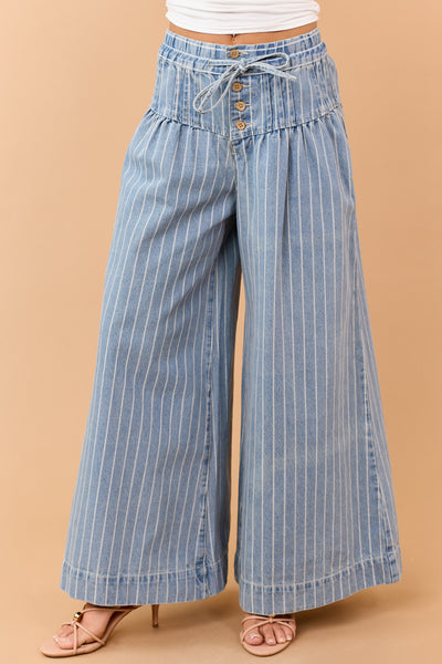 Medium Wash Striped Denim Wide Leg Drawstring Jeans