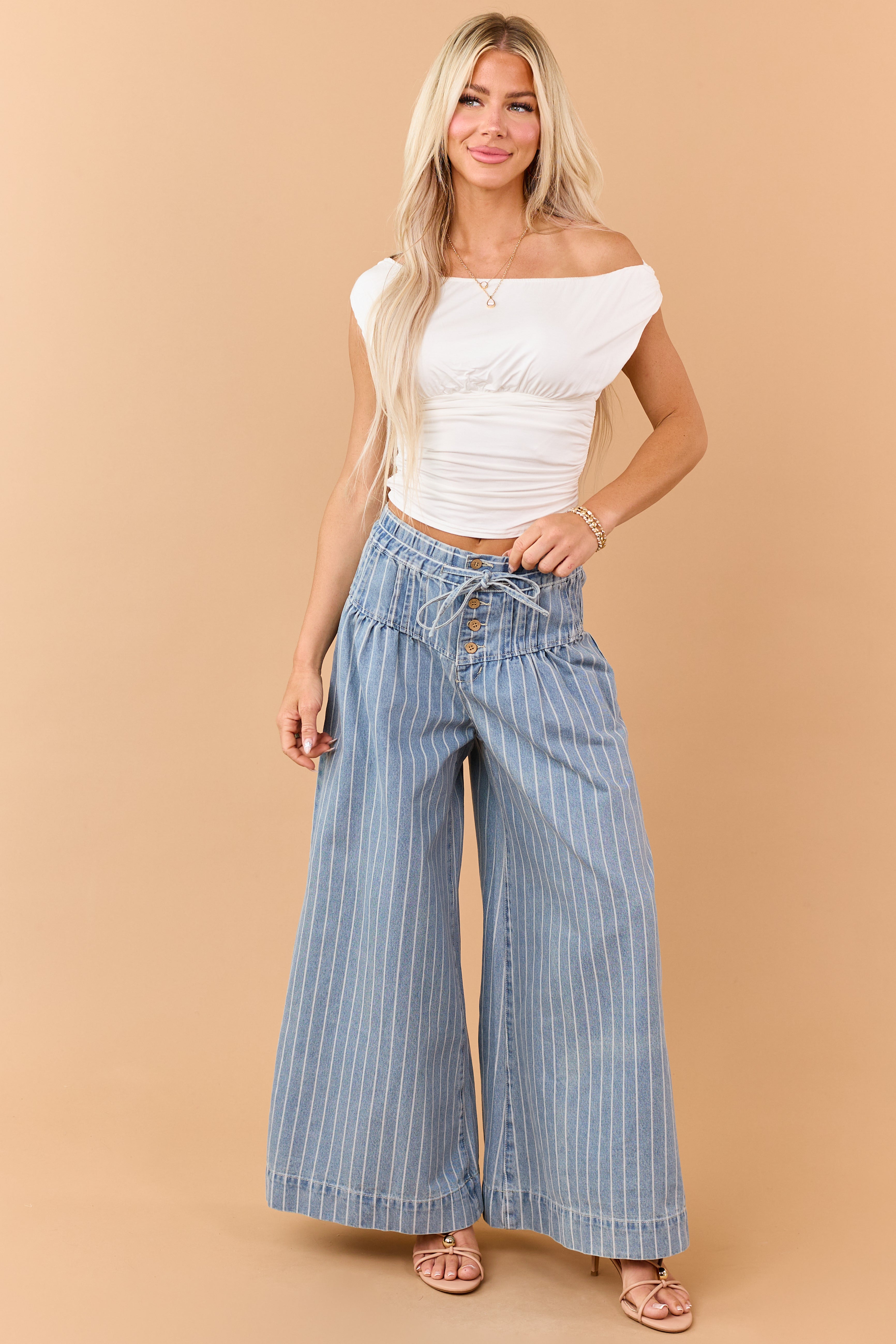 Medium Wash Striped Denim Wide Leg Drawstring Jeans