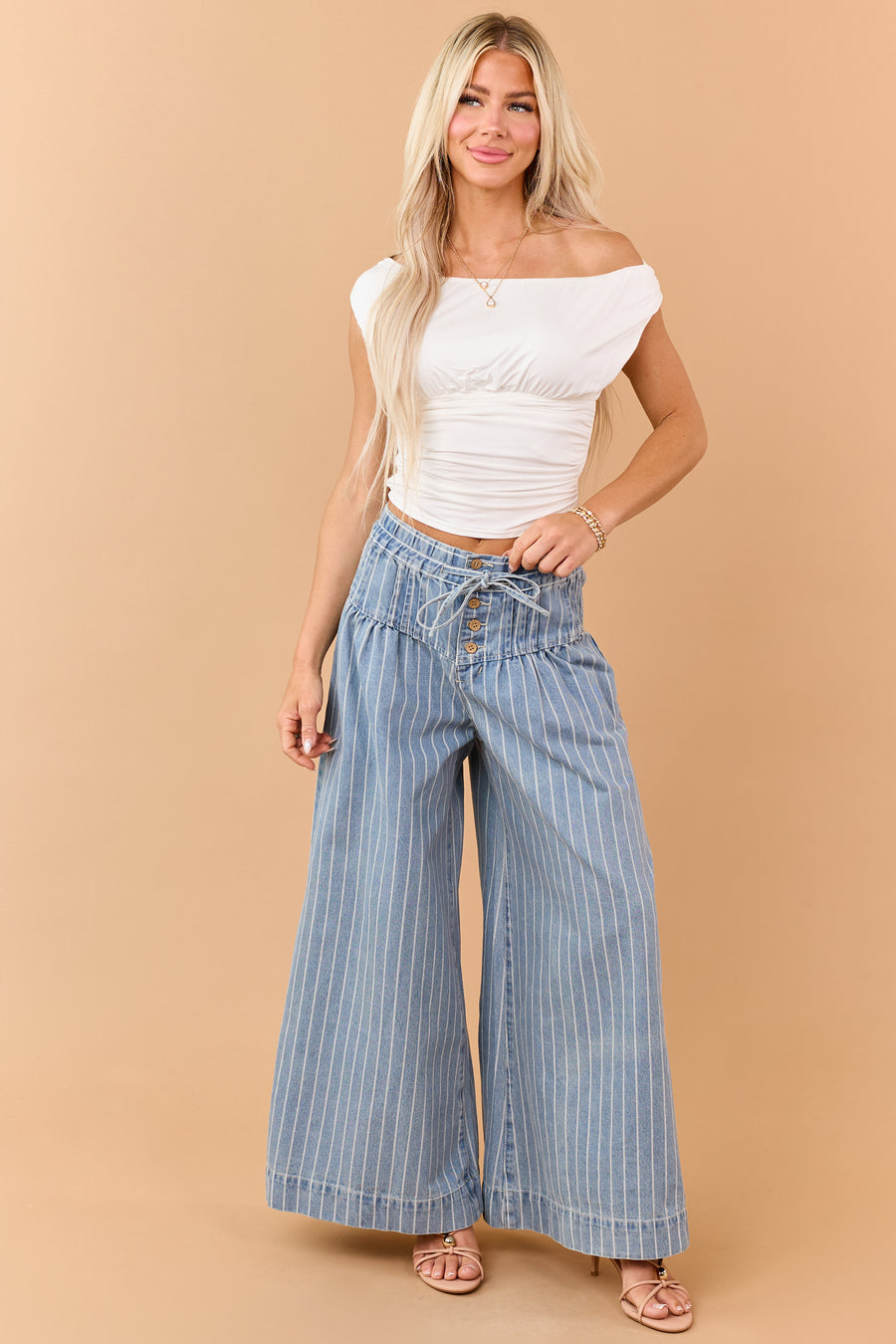 Medium Wash Striped Denim Wide Leg Drawstring Jeans