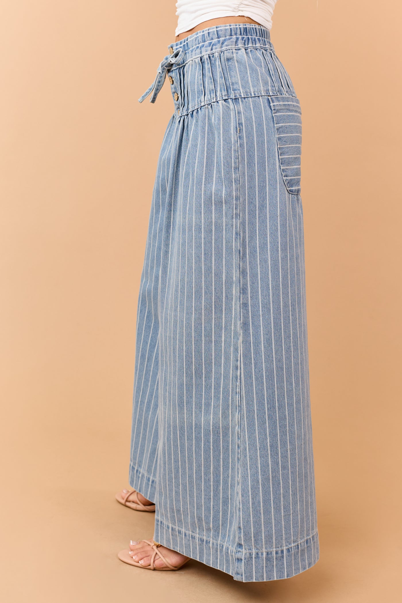 Medium Wash Striped Denim Wide Leg Drawstring Jeans